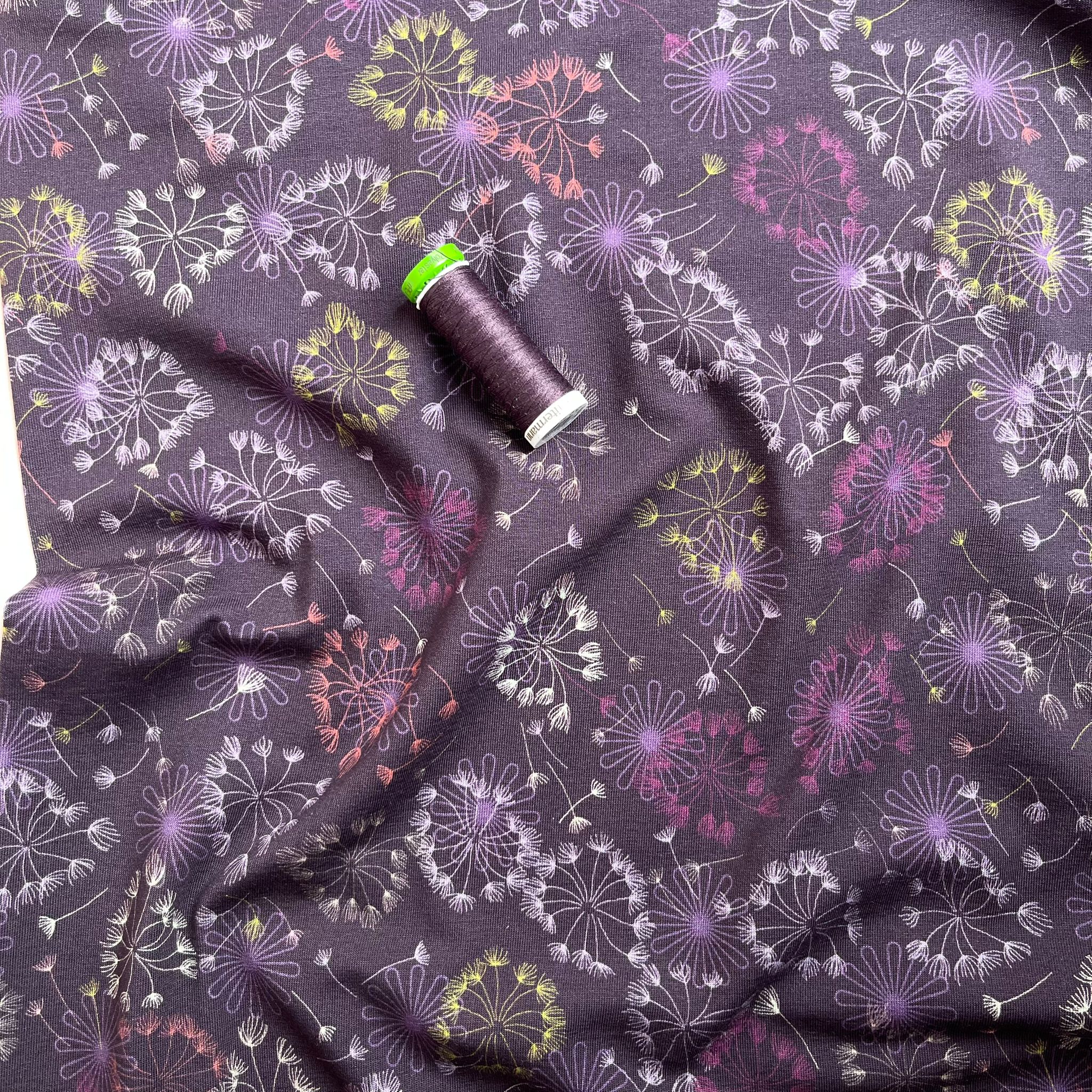REMNANT 0.58 Metre - Danish Design - Dandelions on Purple Cotton Jersey Fabric