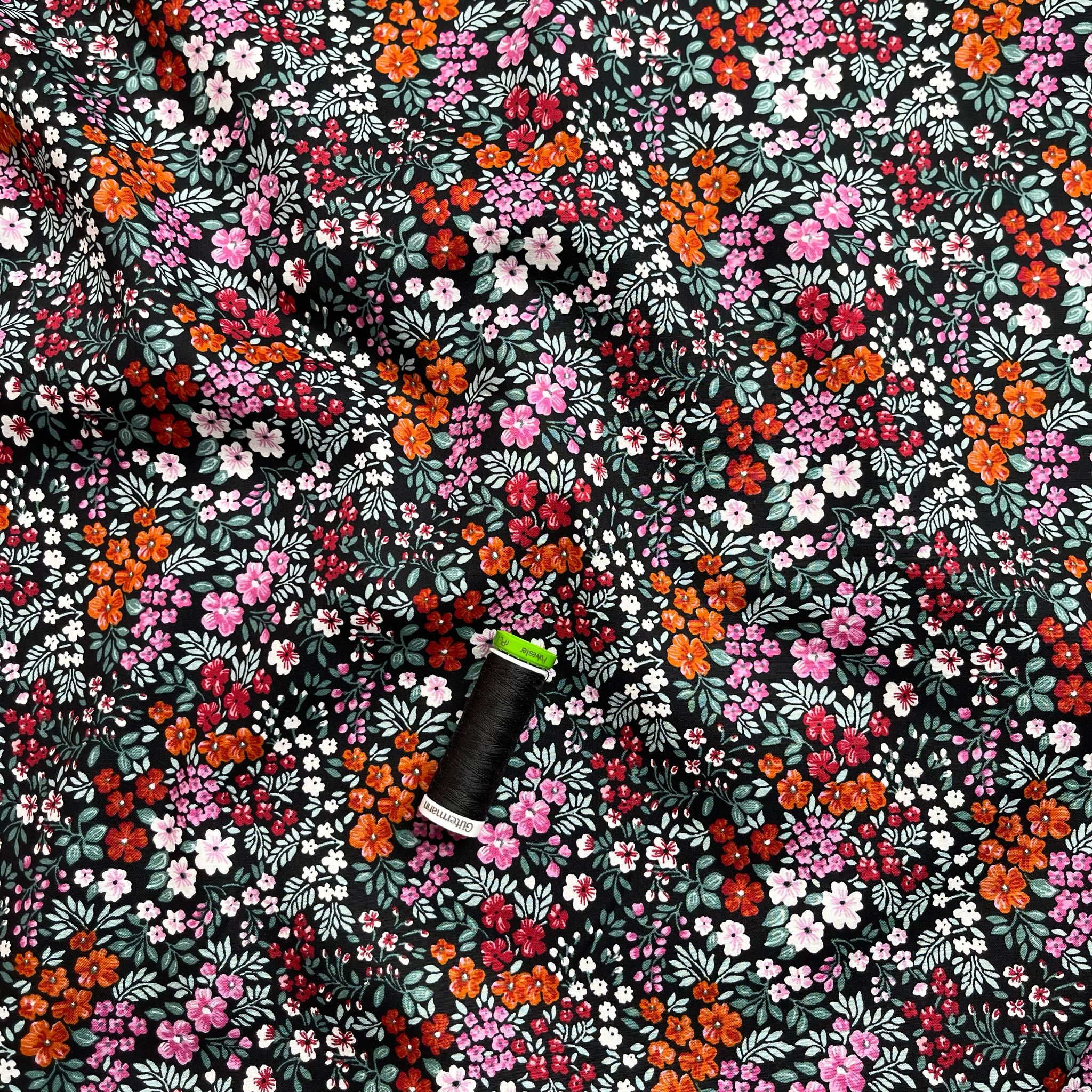 Ditsy Meadow on Black Cotton Poplin