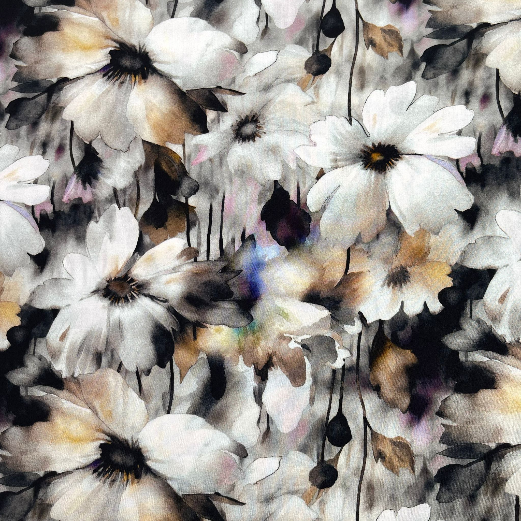 REMNANT 0.82 Metre - Neutral Flowers in Black and White Viscose Poplin Fabric