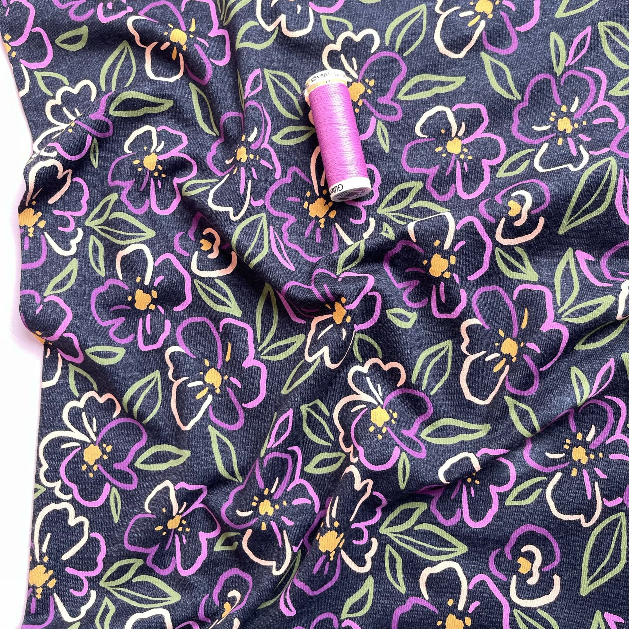 REMNANT 0.53 Metre - Floral Outline on Dark Grey Melange Jersey Fabric