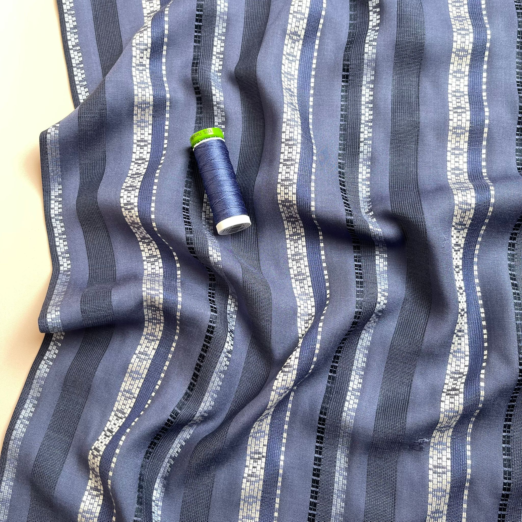Yarn Dyed Embroidered Stripes on Blue Viscose Fabric