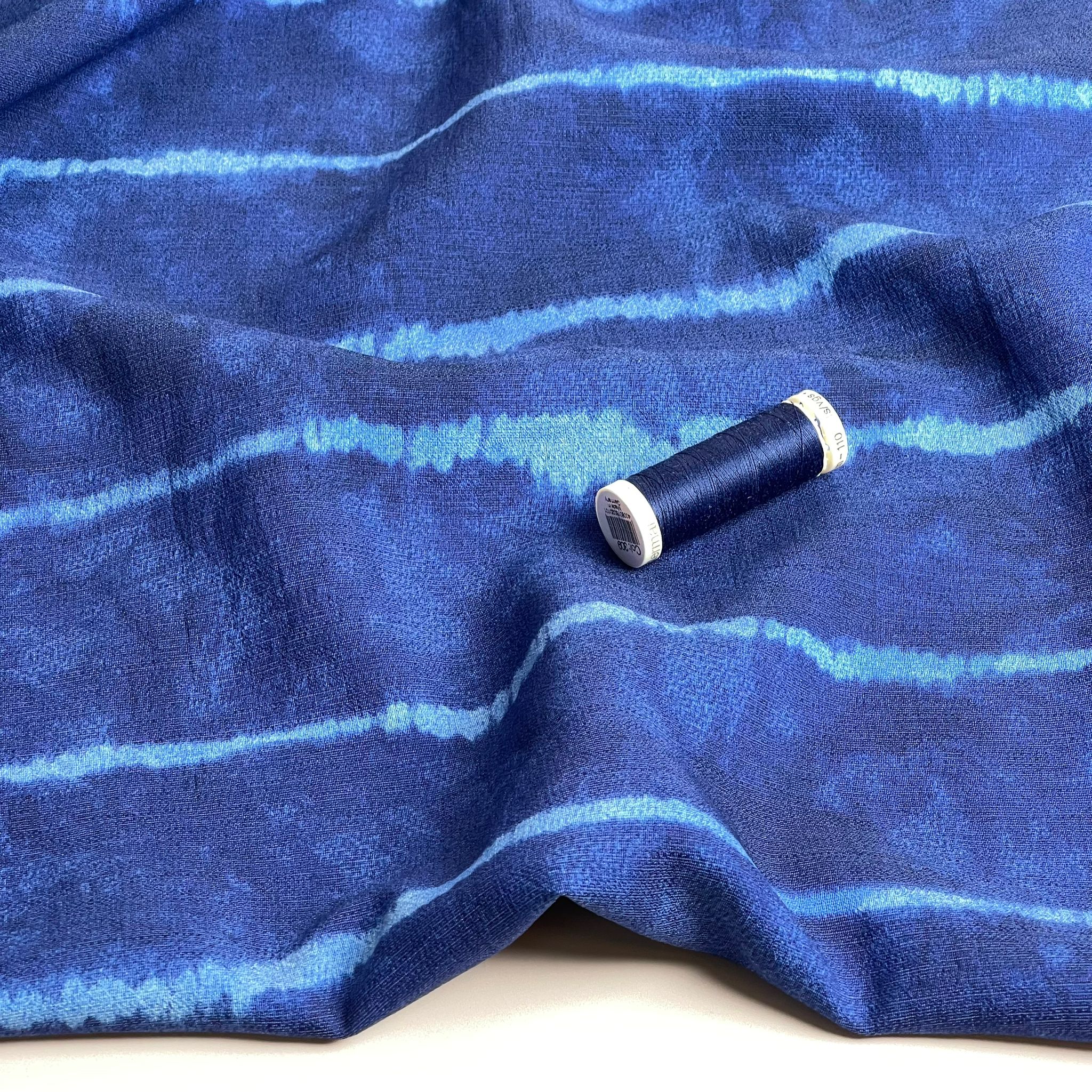 REMNANT 2.2 Metres - Tie Dye Stripes on Indigo Blue Textured Viscose Fabric
