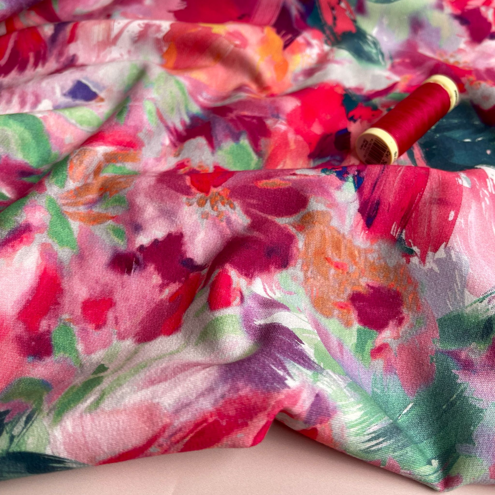 REMNANT 0.92 Metre - Painted Fuchsia Blooms Cotton French Terry