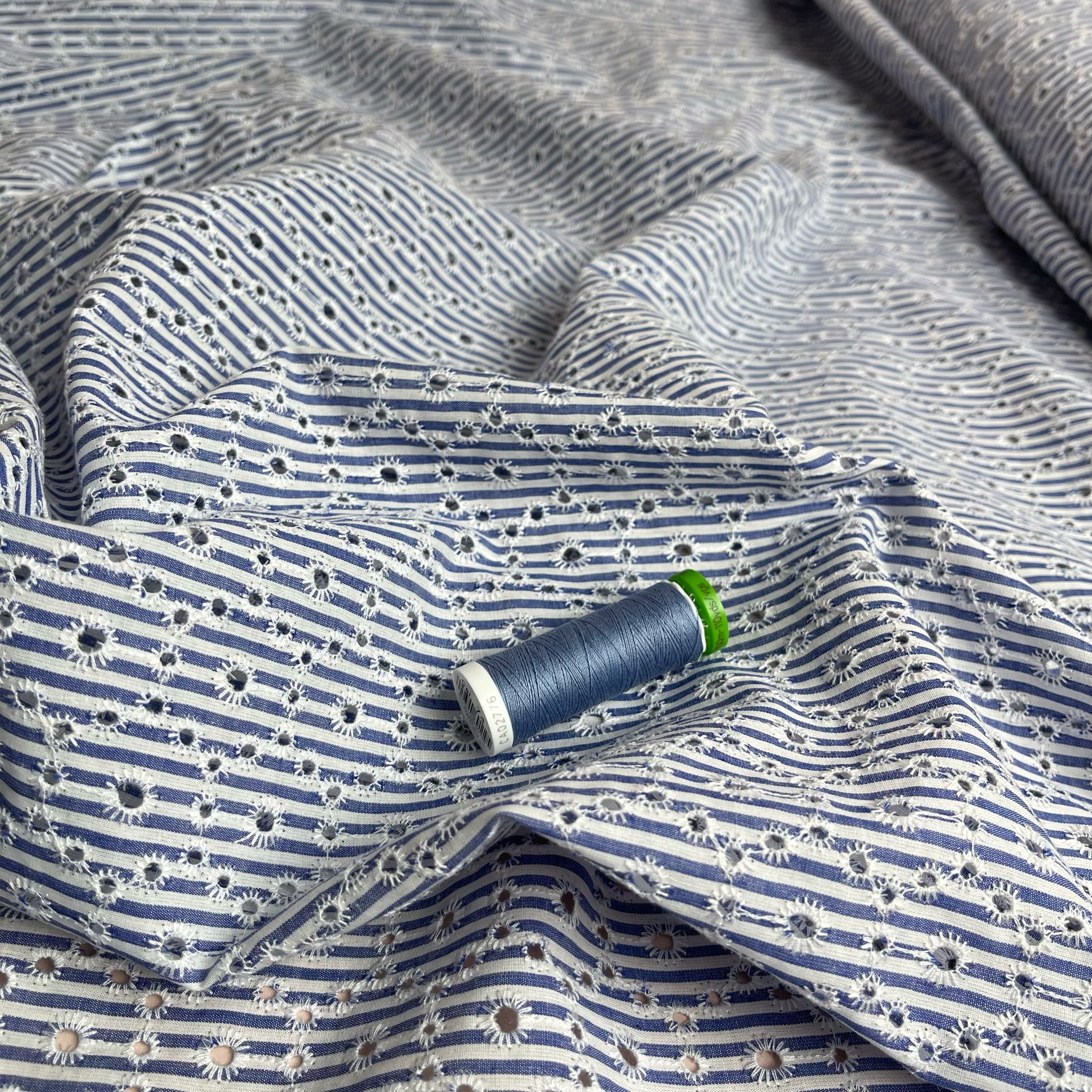 Blue Striped Broderie Anglaise Cotton Fabric