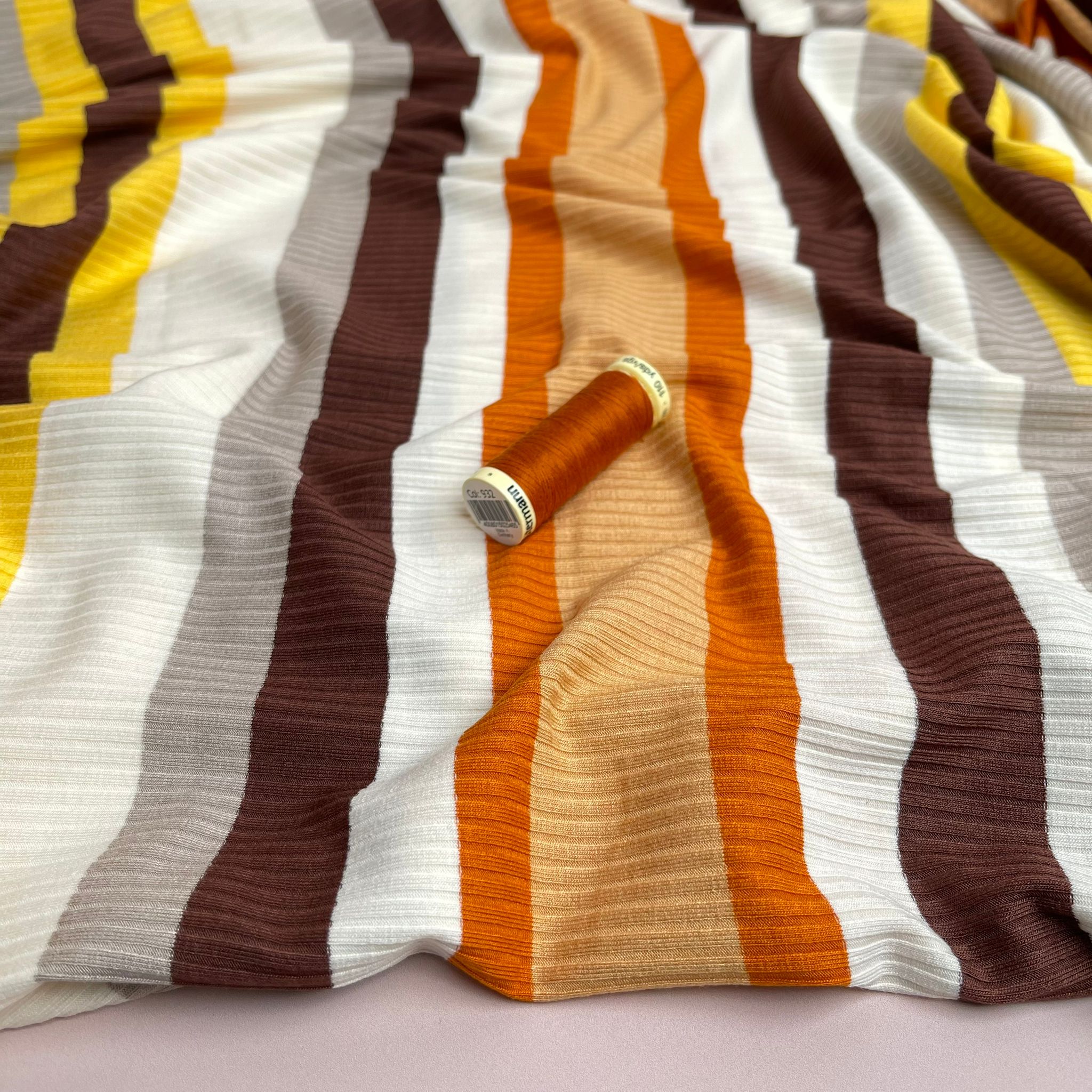 REMNANT 0.3 Metre - Yarn Dyed Golden Autumn Striped Cotton Ribbed Jersey
