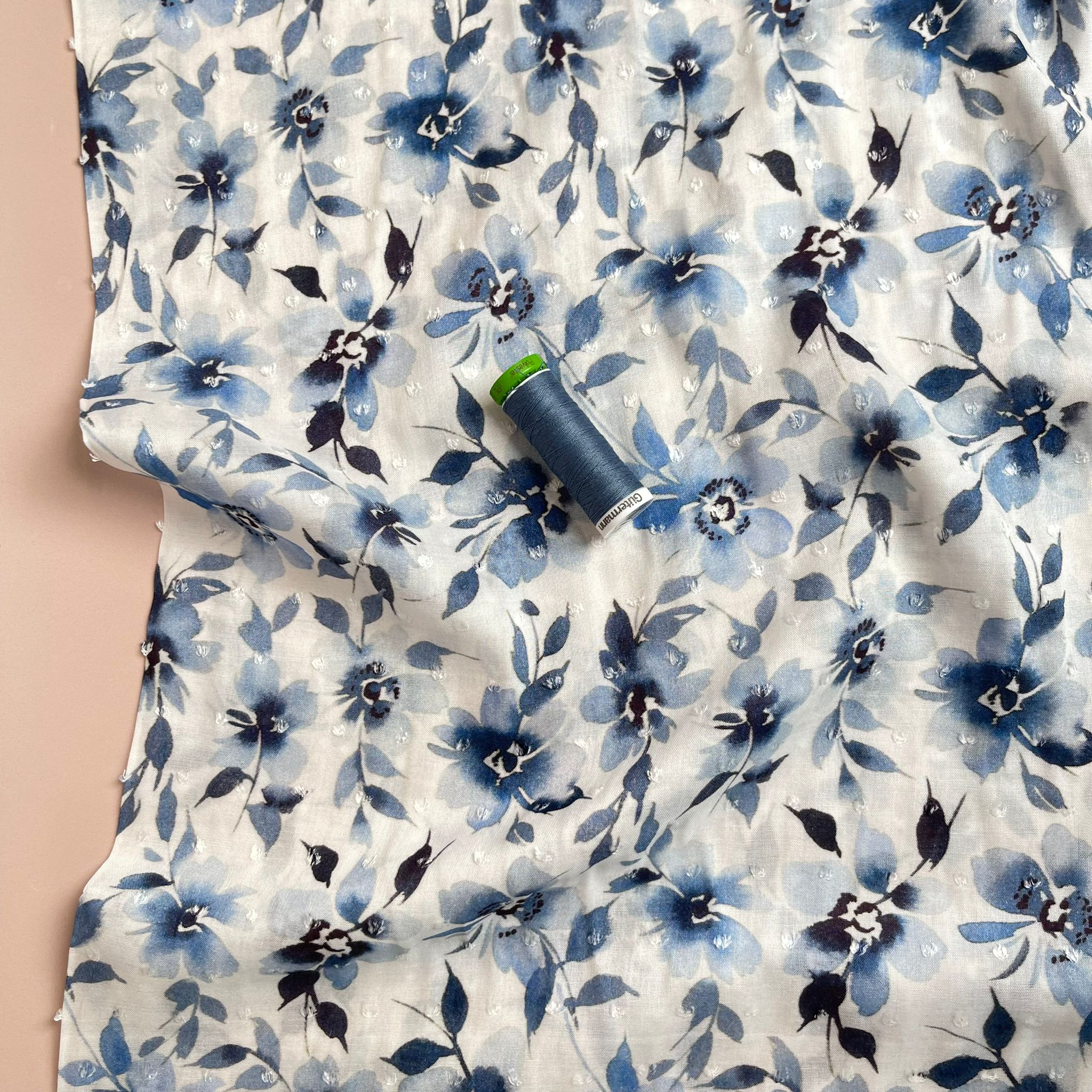 Watercolour Blue Blooms Dobby Viscose Fabric