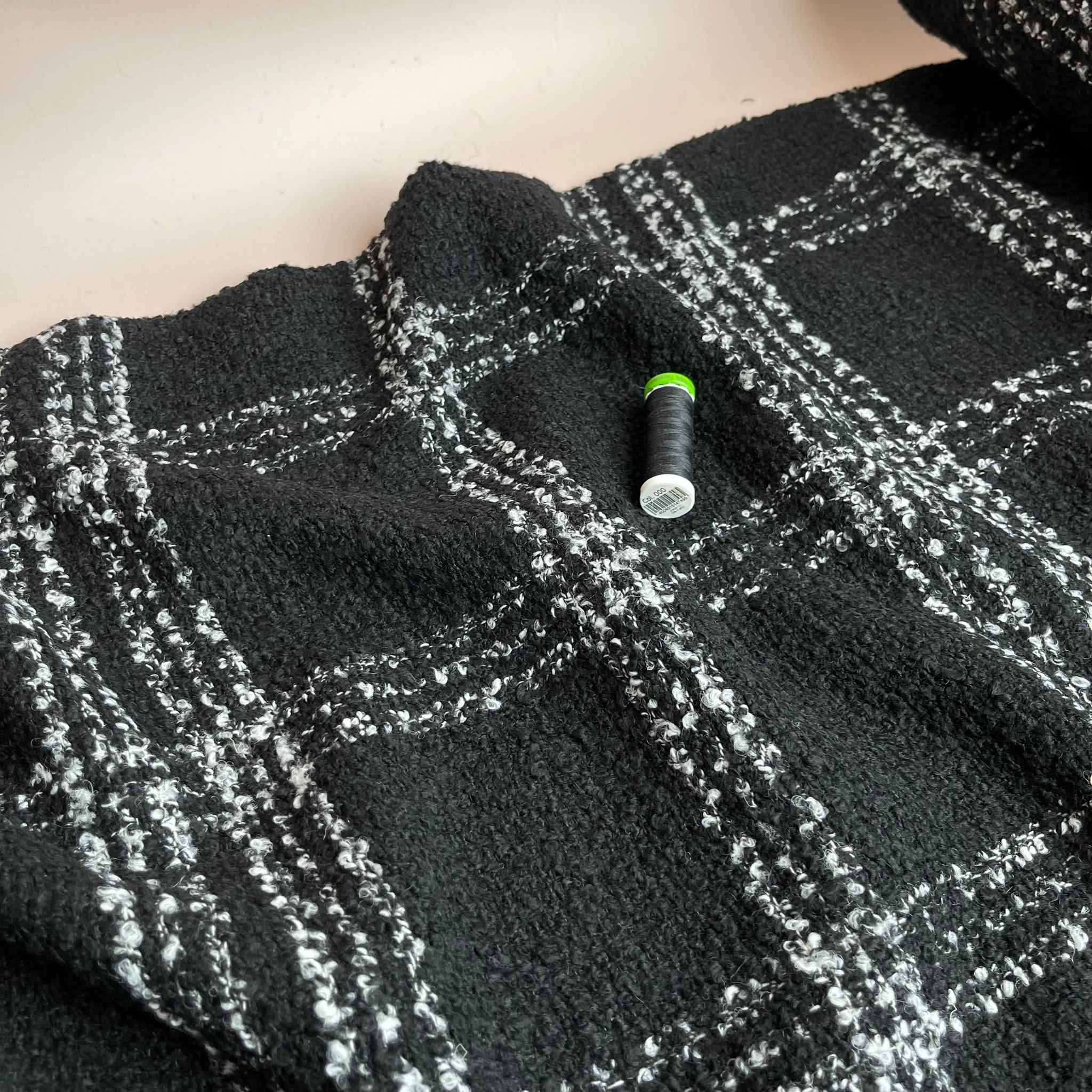 REMNANT 0.62 Metre - Deadstock Black with White Check Wool Blend Boucle