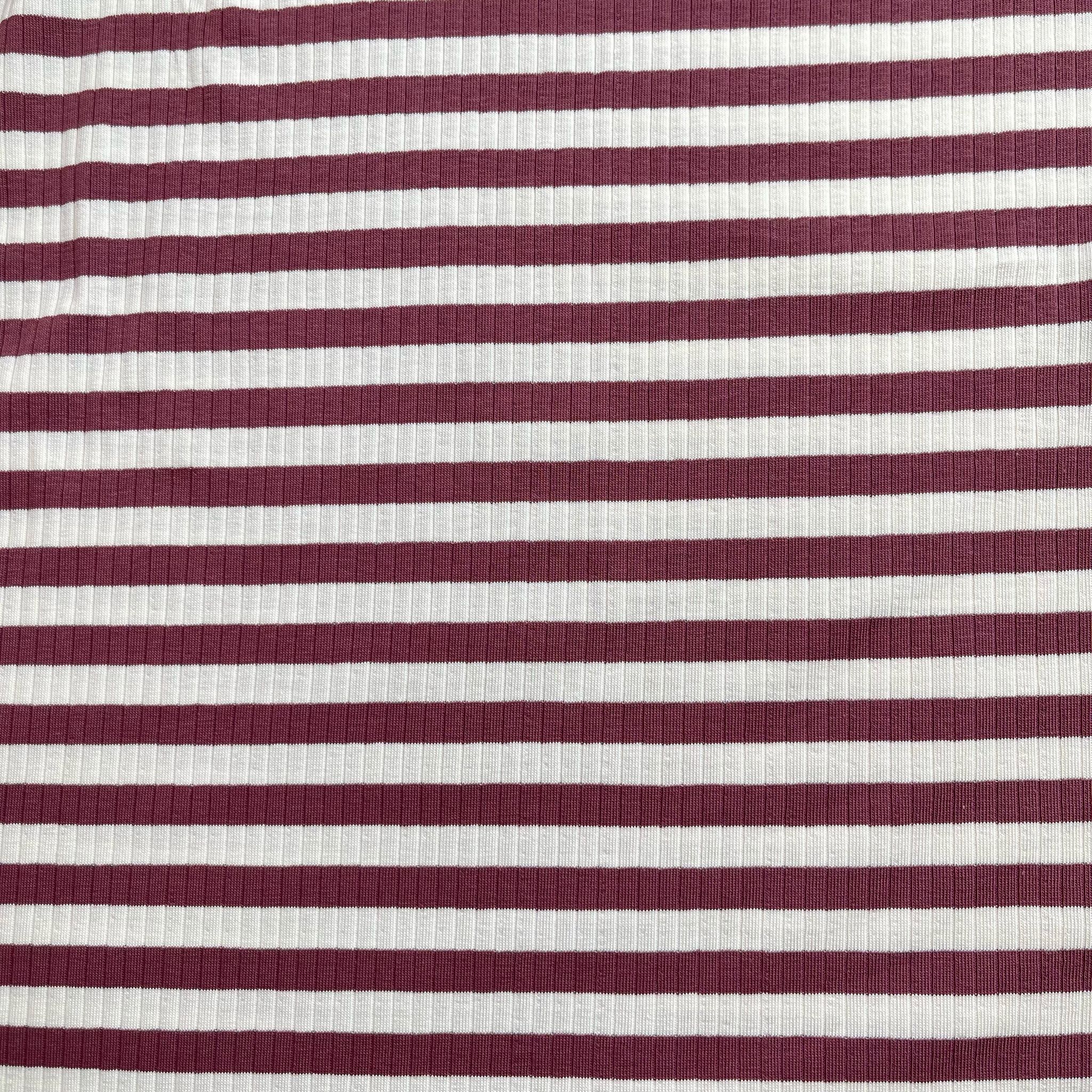 Yarn Dyed Striped Cotton Ribbed Jersey in Dark Mauve and White