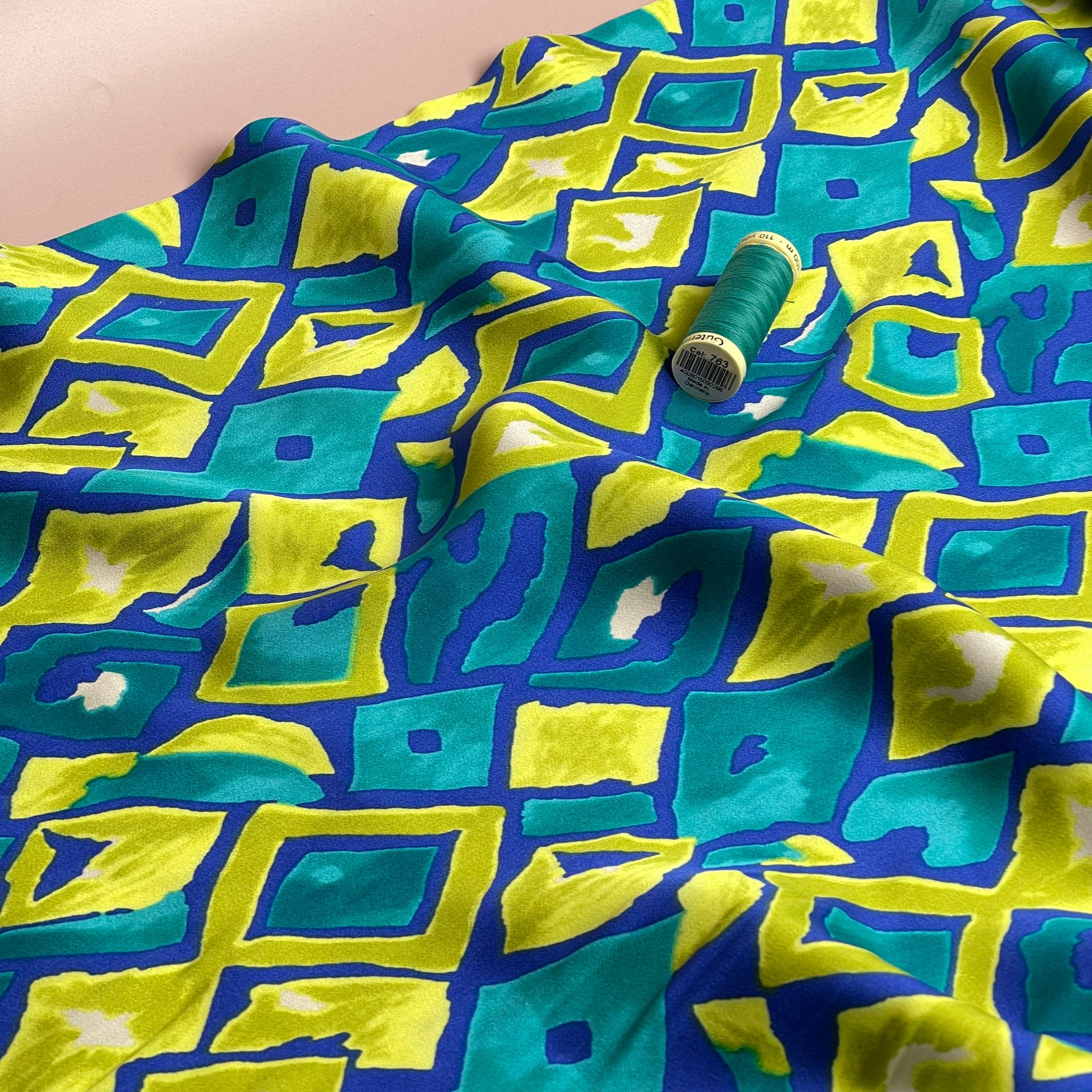 REMNANT 0.43 Metre - Painted Ocean Waves Diamonds Viscose Sateen Fabric