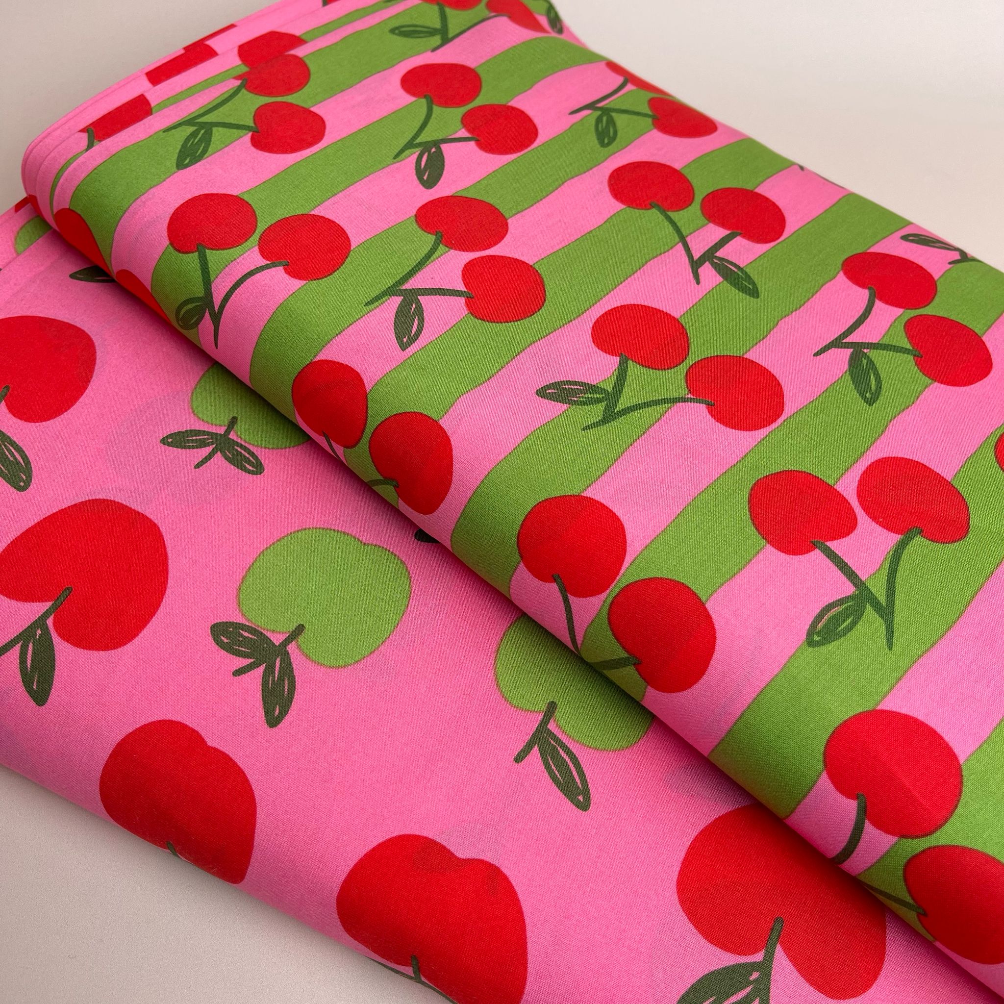 Funky Cherry Stripes on Pink Cotton Poplin Fabric