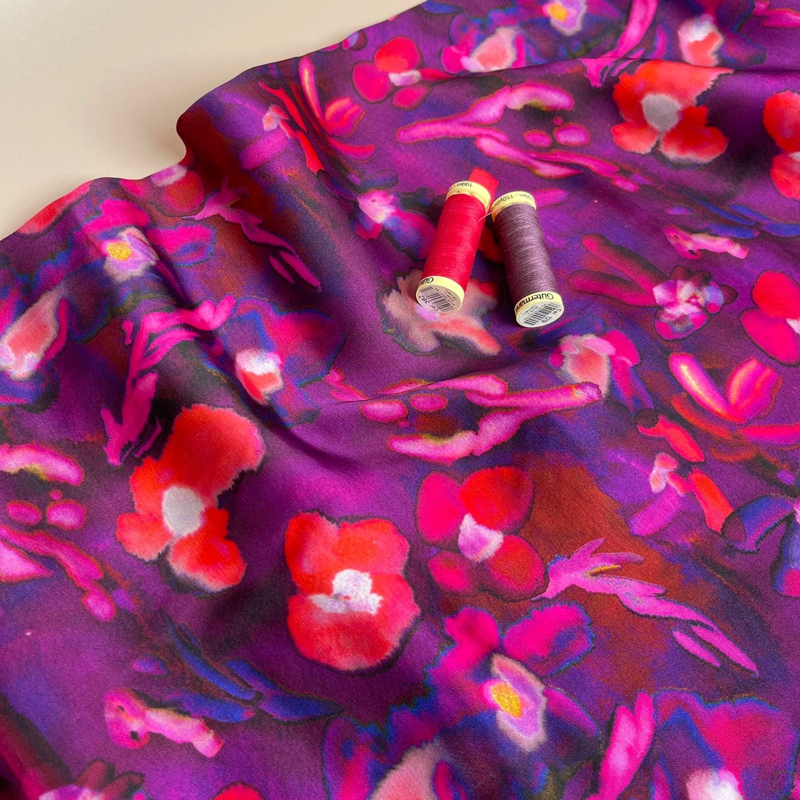 Abstract Petals in Purple Viscose Sateen Fabric