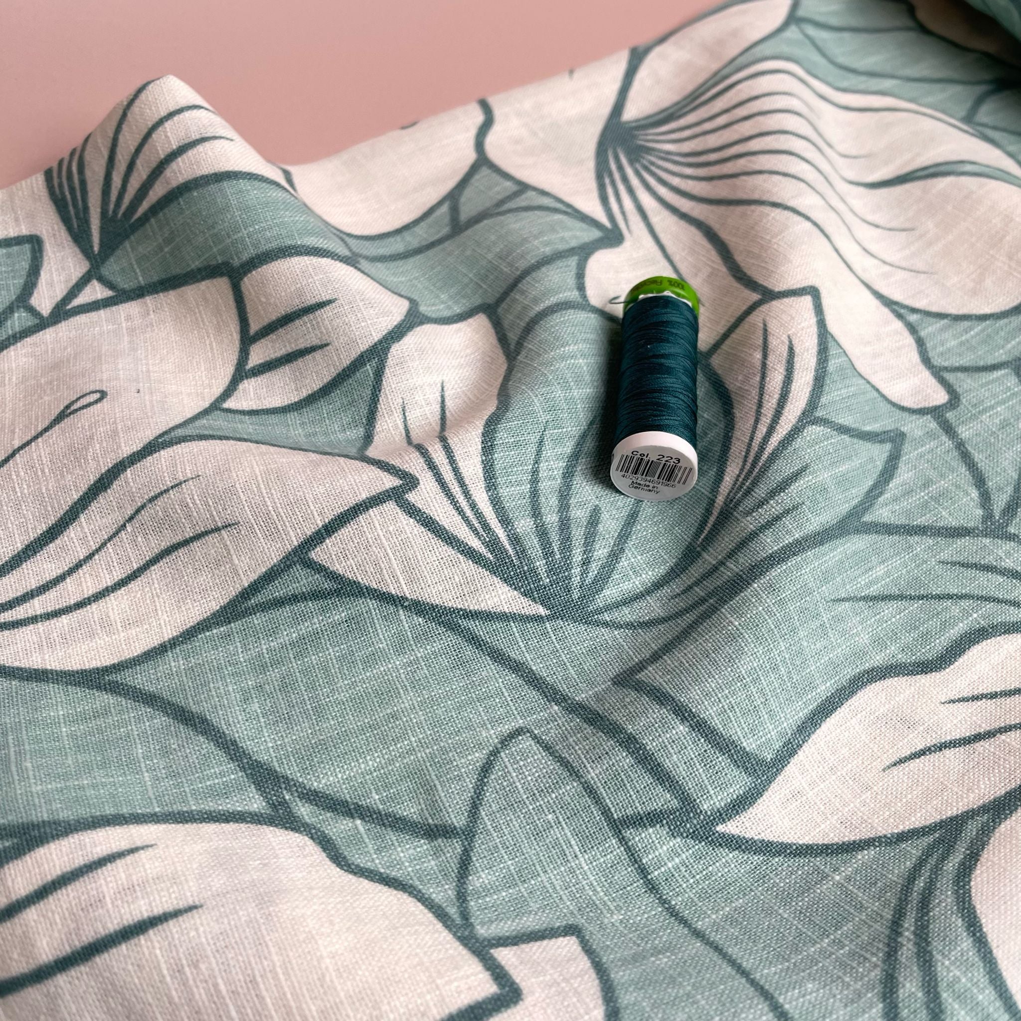 REMNANT 0.55 Metre - Pale Teal Leaves on Soft Washed Linen Cotton Fabric