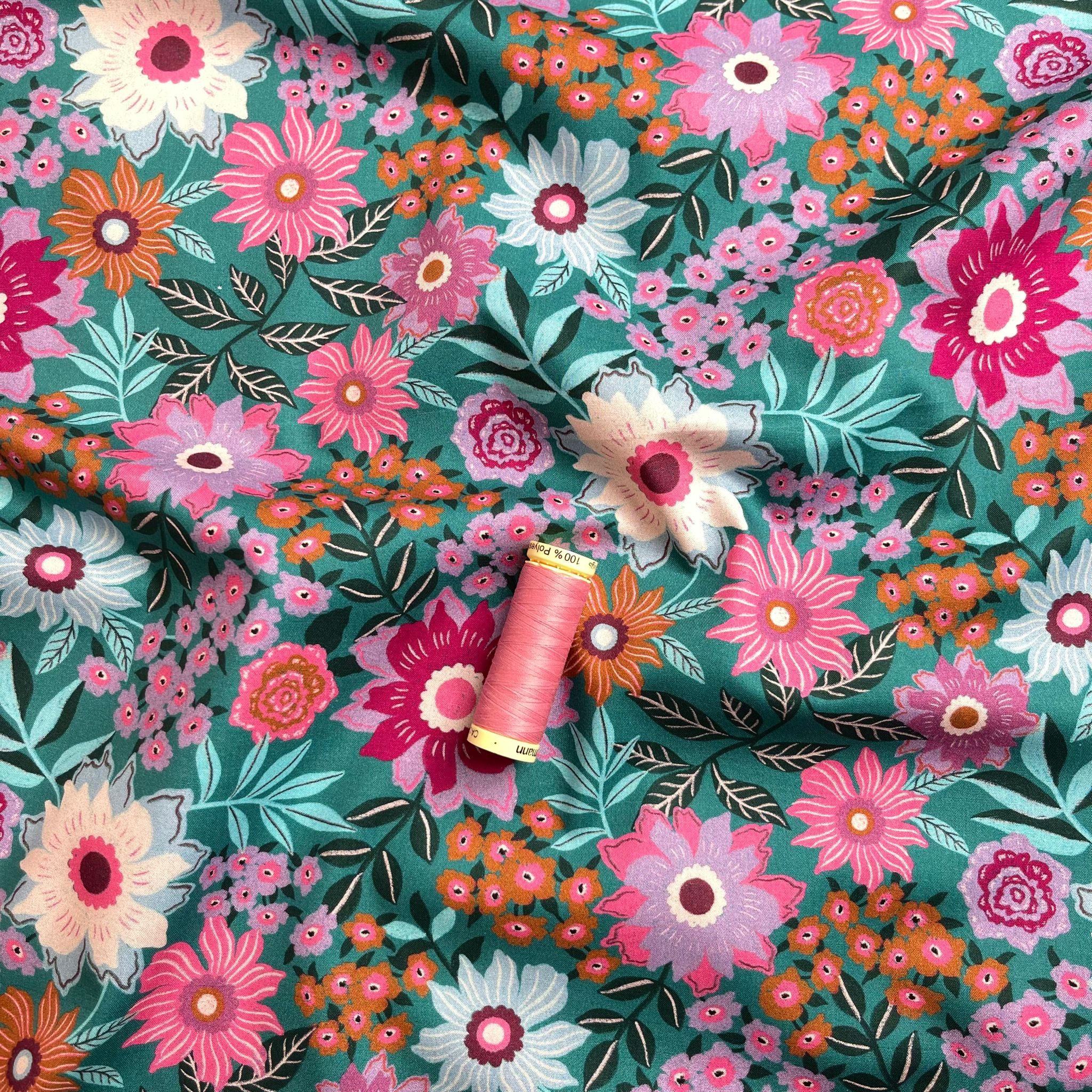 REMNANT 2.12 Metres - Flowers on Teal Cotton Poplin Fabric