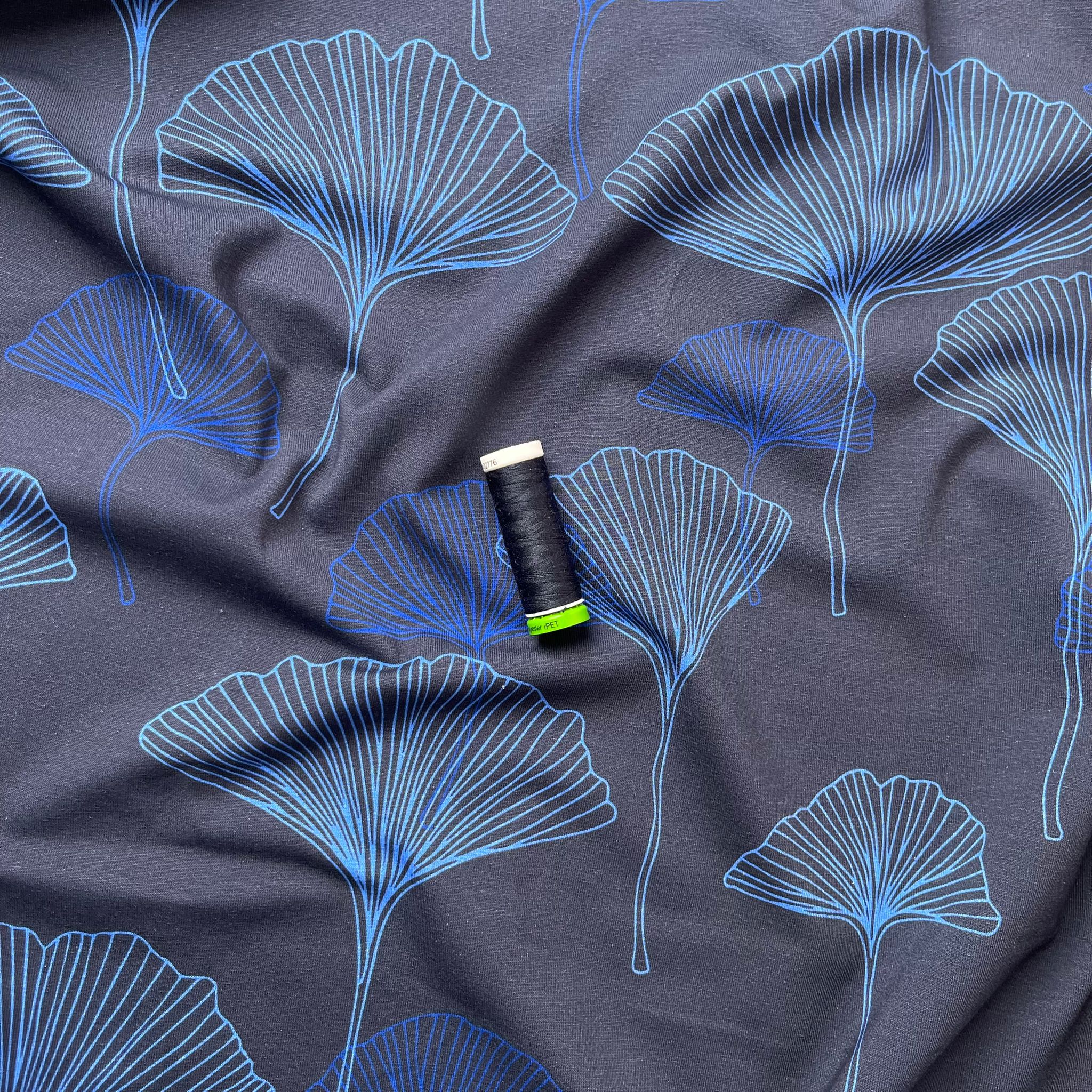Danish Design - Large Gingko on Navy Cotton Jersey Fabric