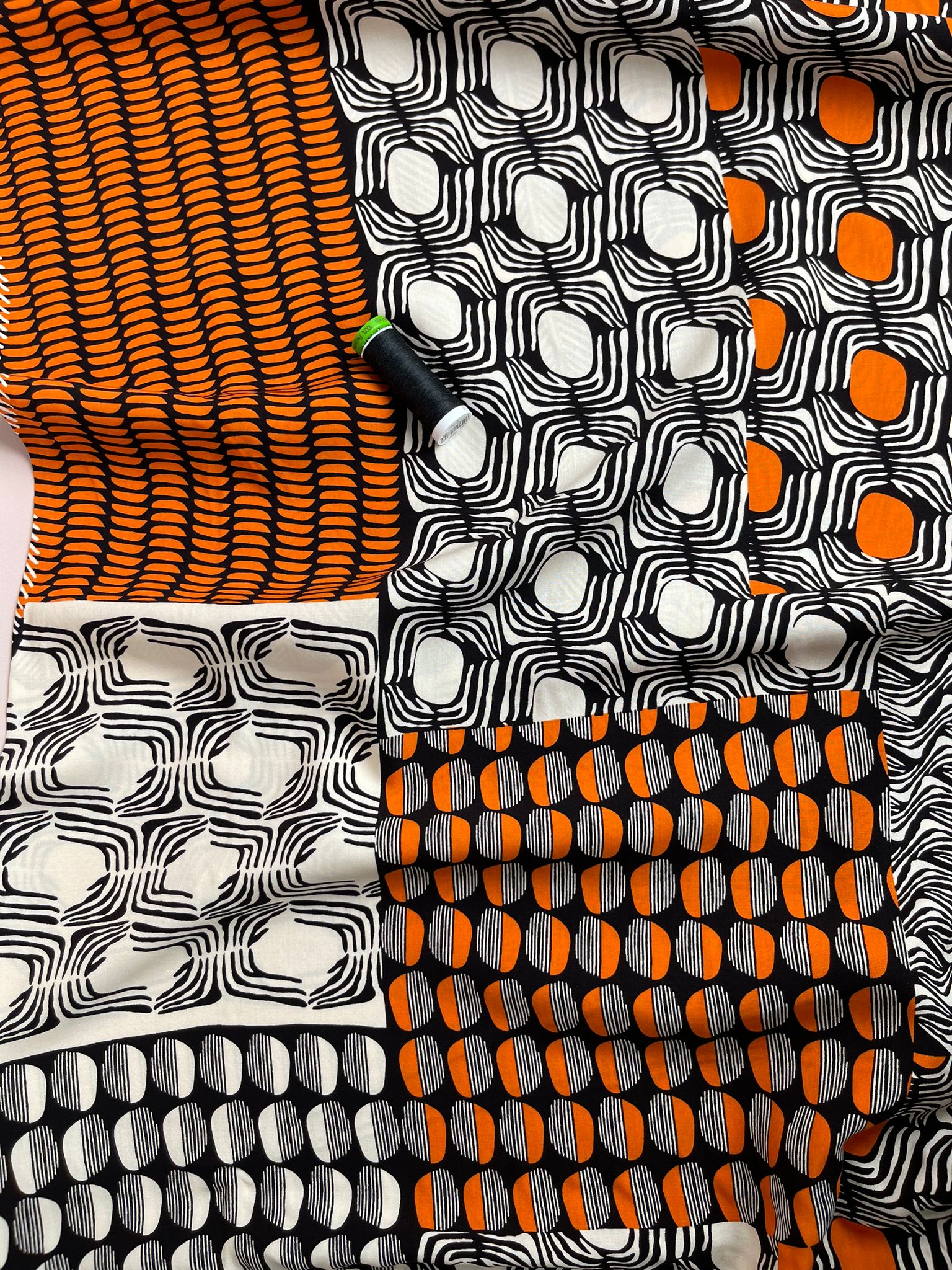 REMNANT 0.77 Metre - Patchwork Graphics in Orange Viscose Poplin Fabric