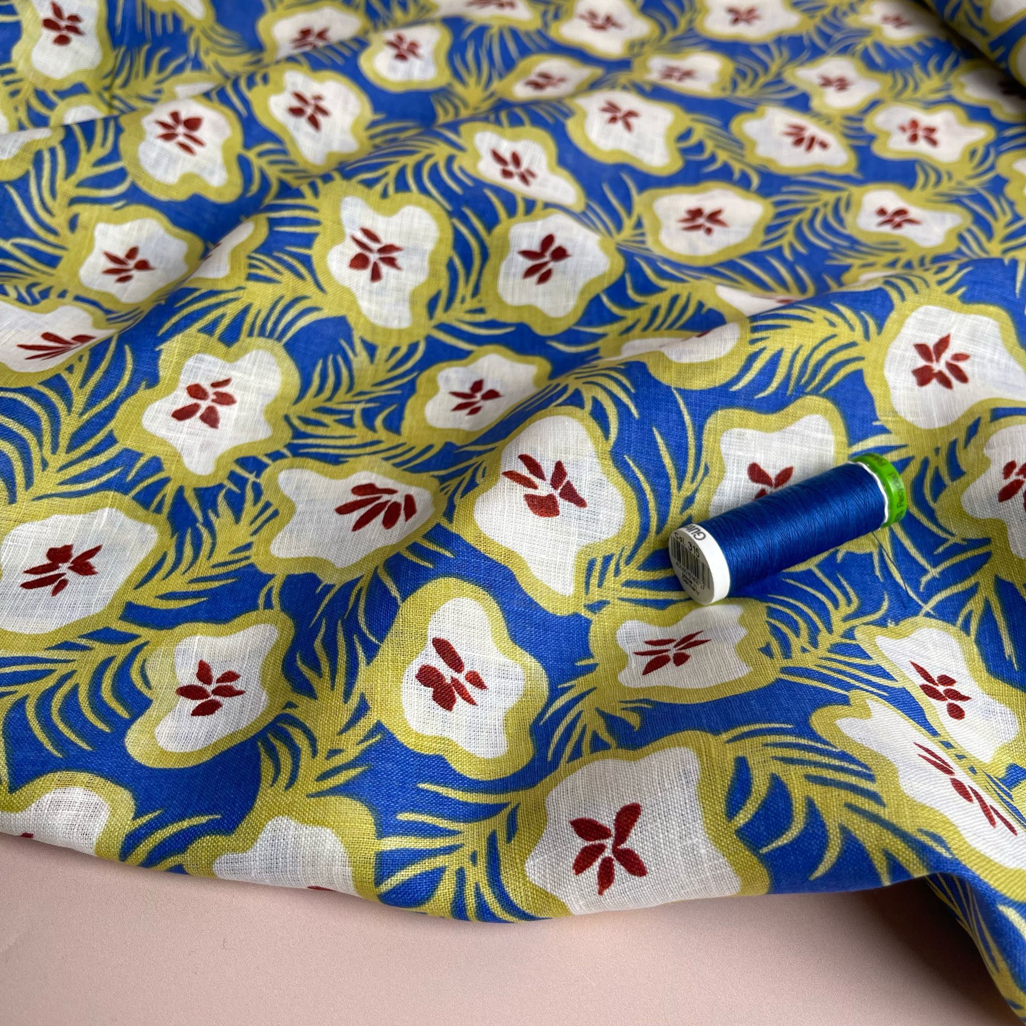 Ex-Designer Deadstock Tropical Fruits on Cobalt Pure Linen Fabric