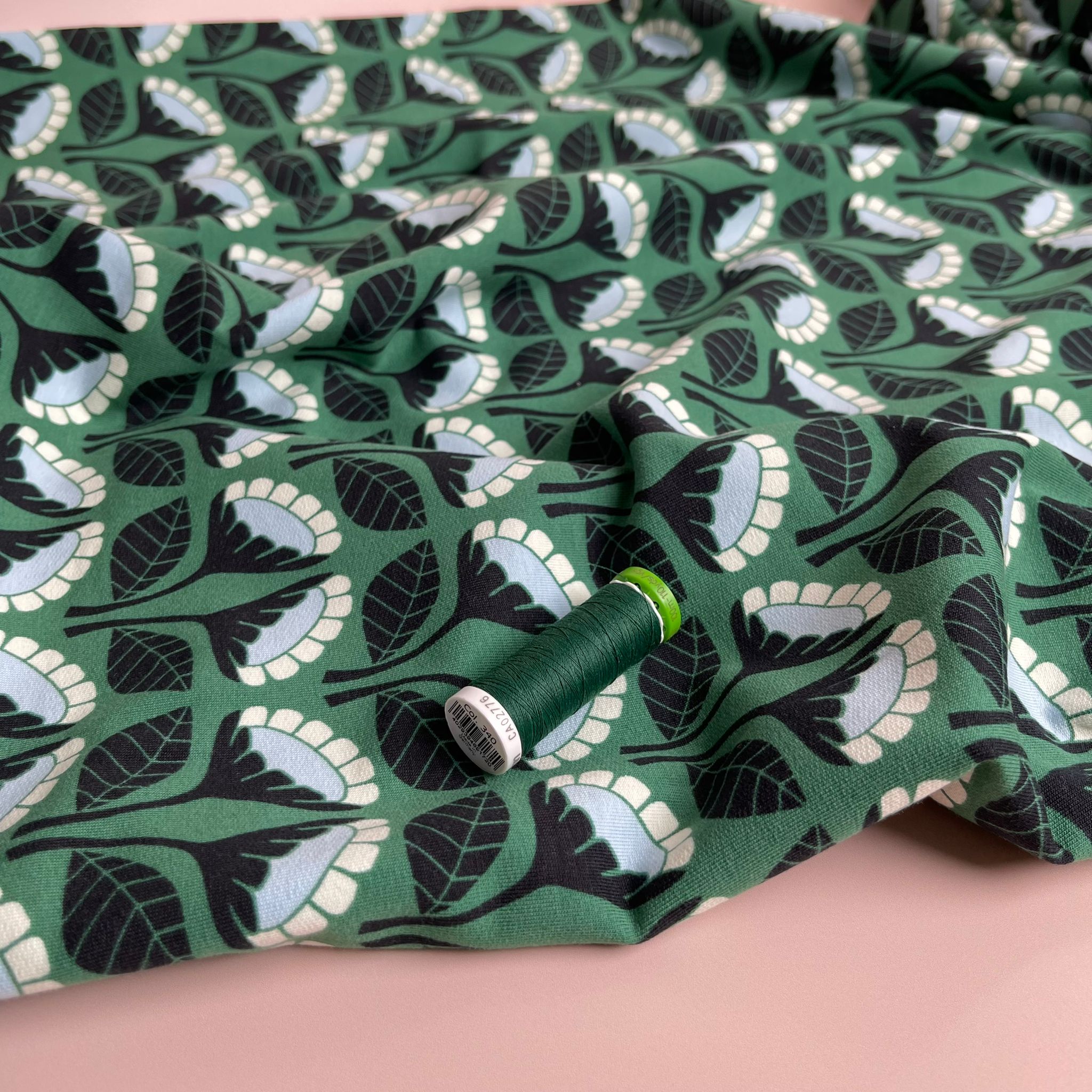 REMNANT 2.10 Metres - Monochrome Flowers on Emerald Green Cotton French Terry