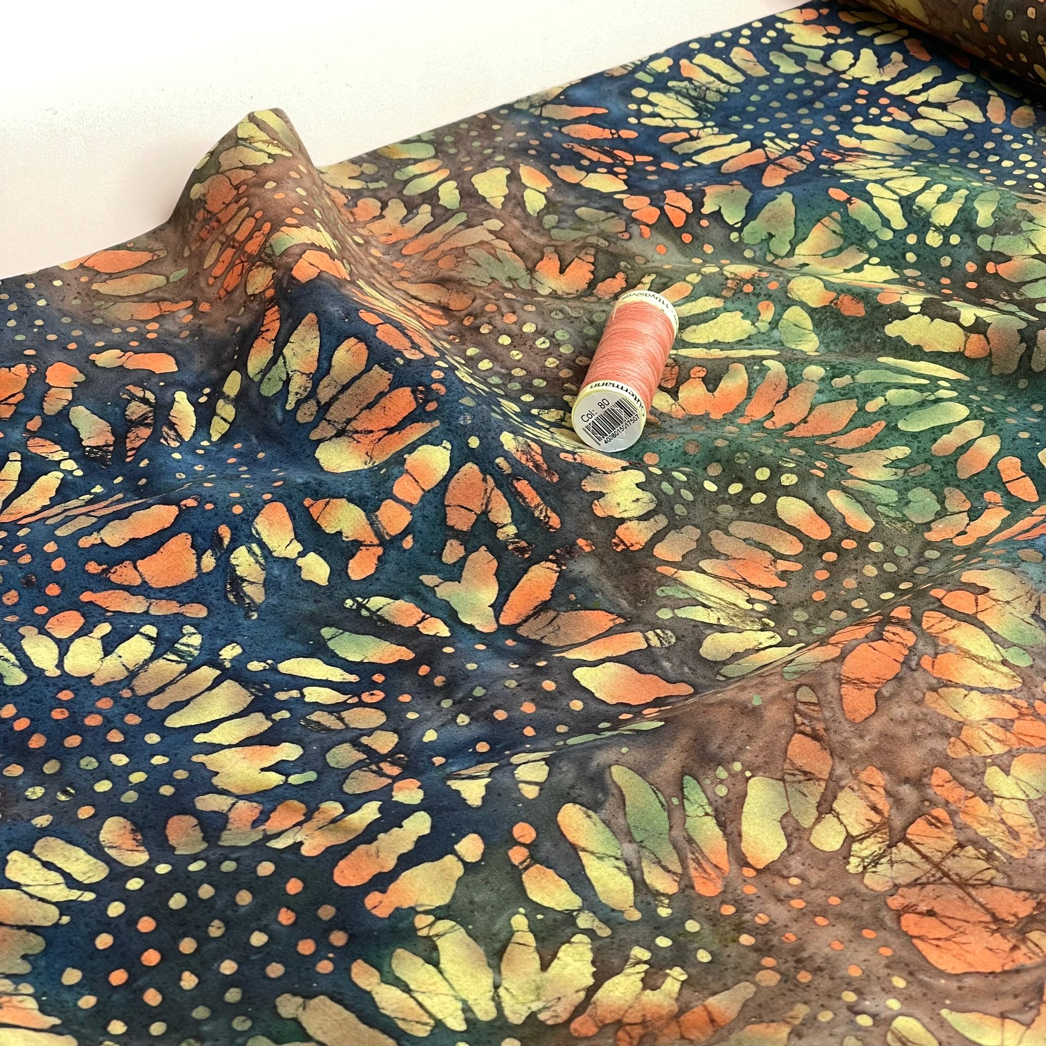 REMNANT 1.10 Metres - Batik Sunflowers on Navy Cotton Fabric