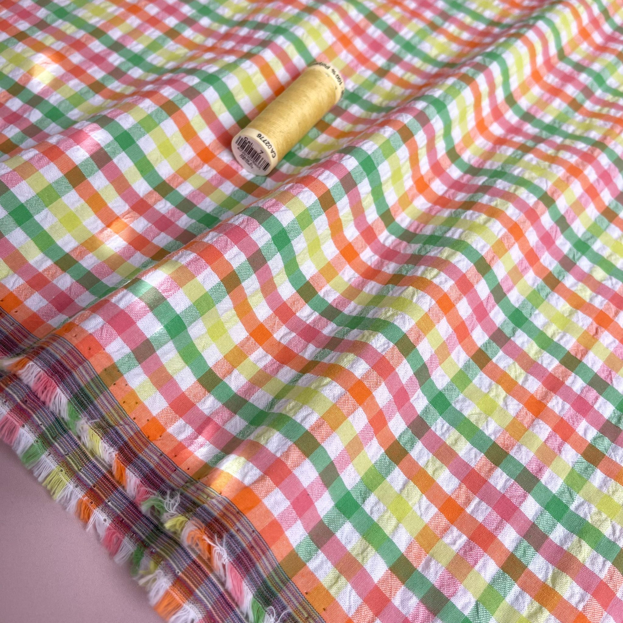 Yarn Dyed Neon Rainbow Checks Cotton Seersucker Fabric