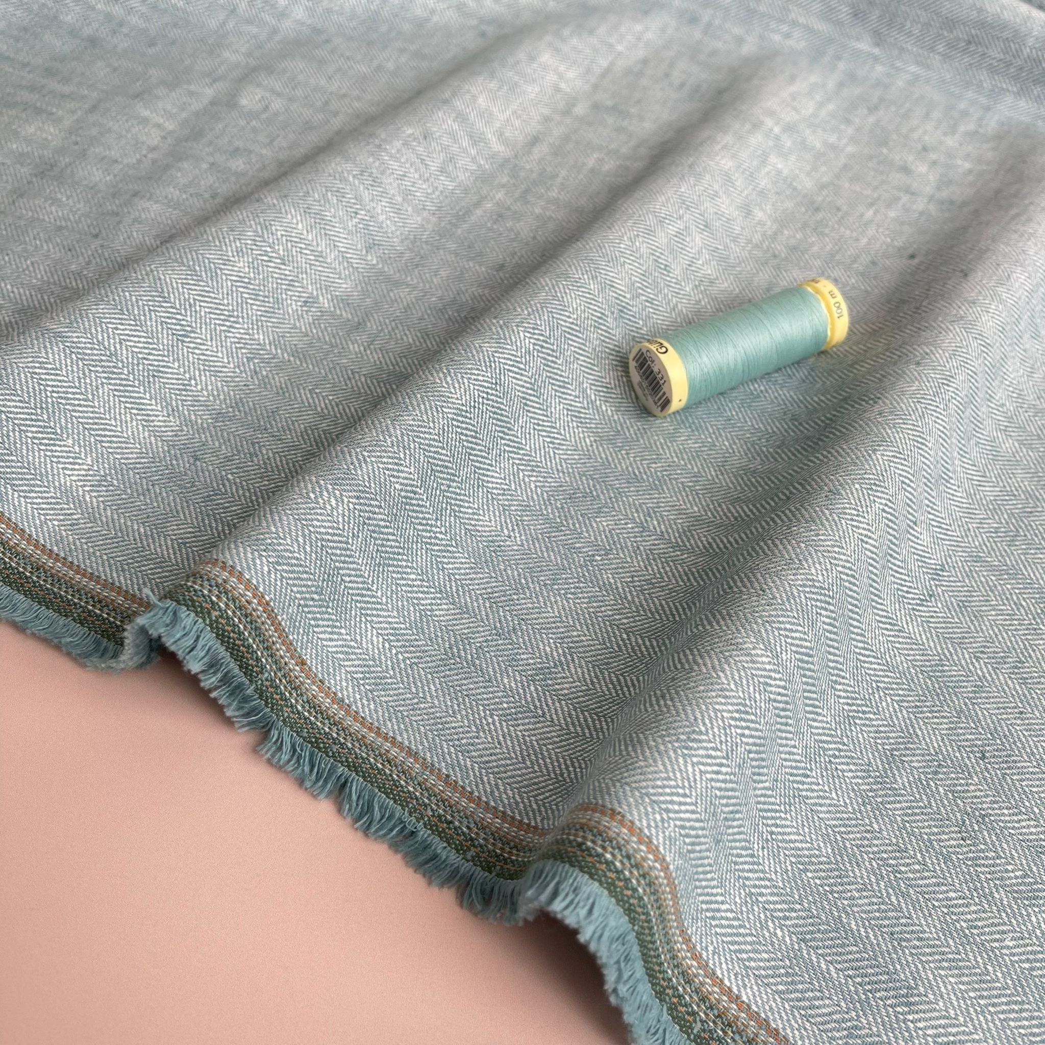 REMNANT 0.76 Metre - Chevron Duck Egg Linen Cotton Twill