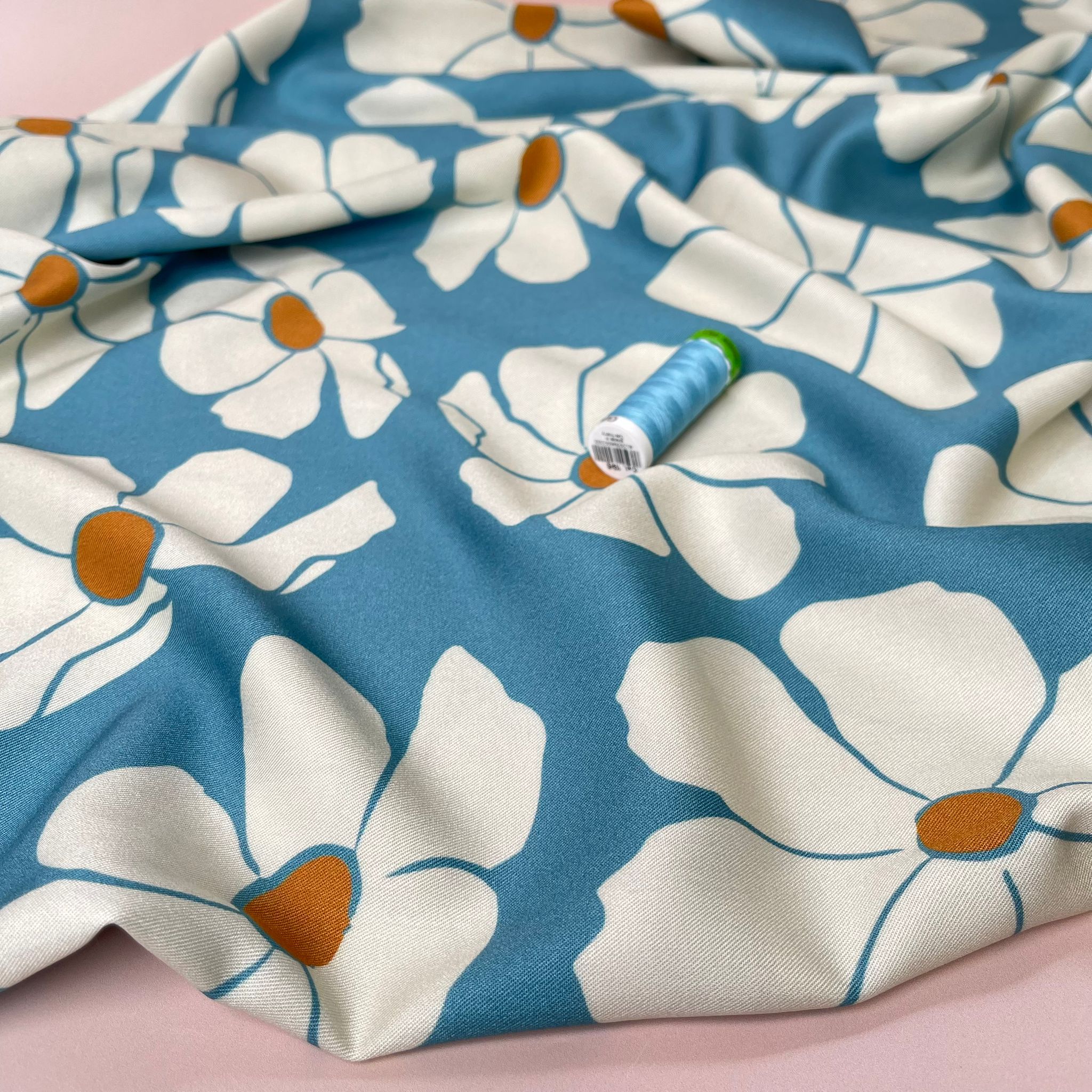 REMNANT 2.34 Metres - Light & Lush - Bold White Blooms on Blue Viscose Twill Fabric