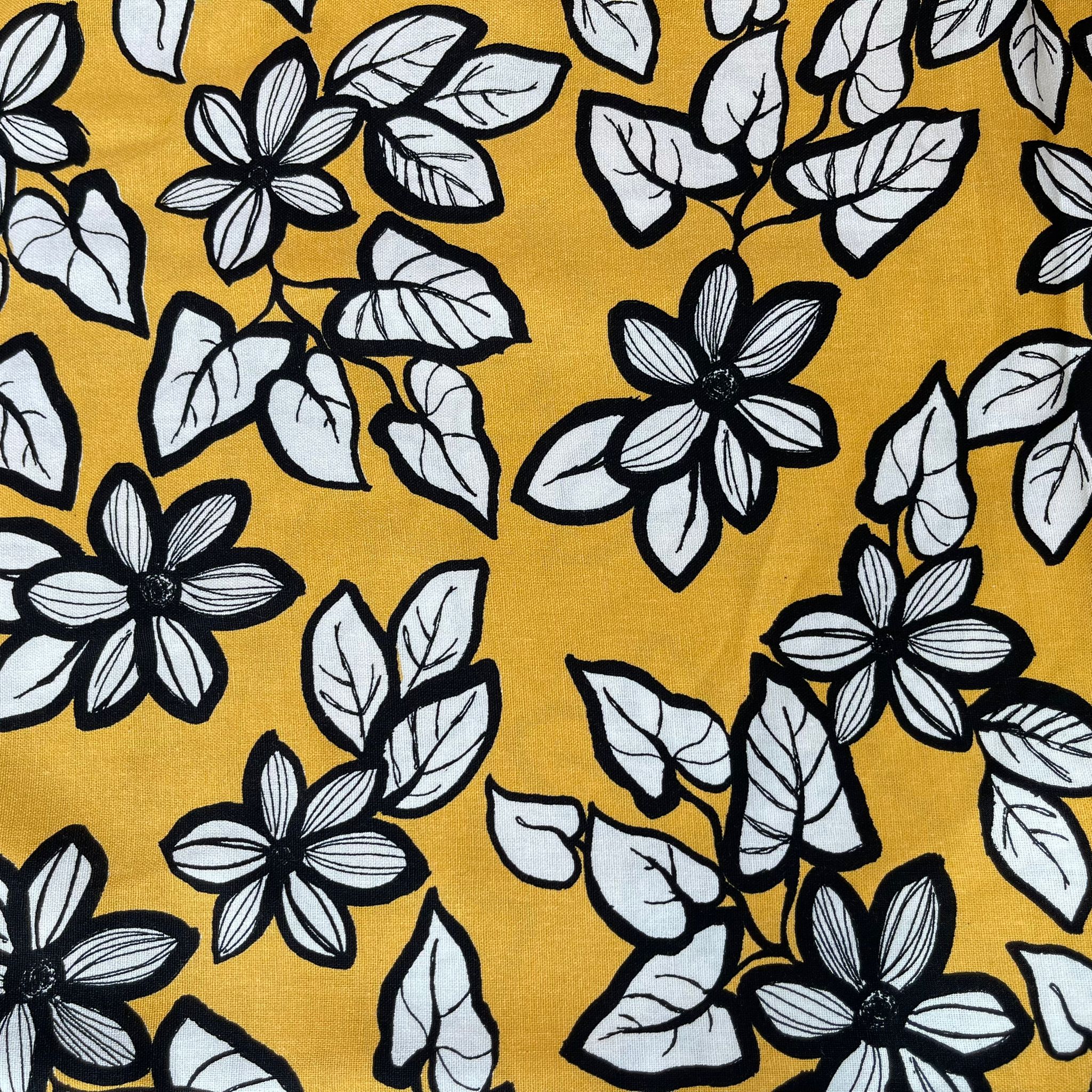 Monochrome Flowers on Mustard Viscose Linen Fabric
