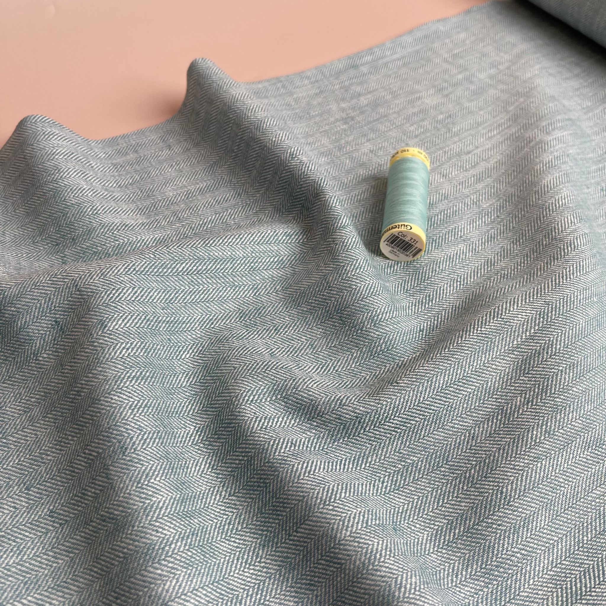 REMNANT 0.76 Metre - Chevron Duck Egg Linen Cotton Twill