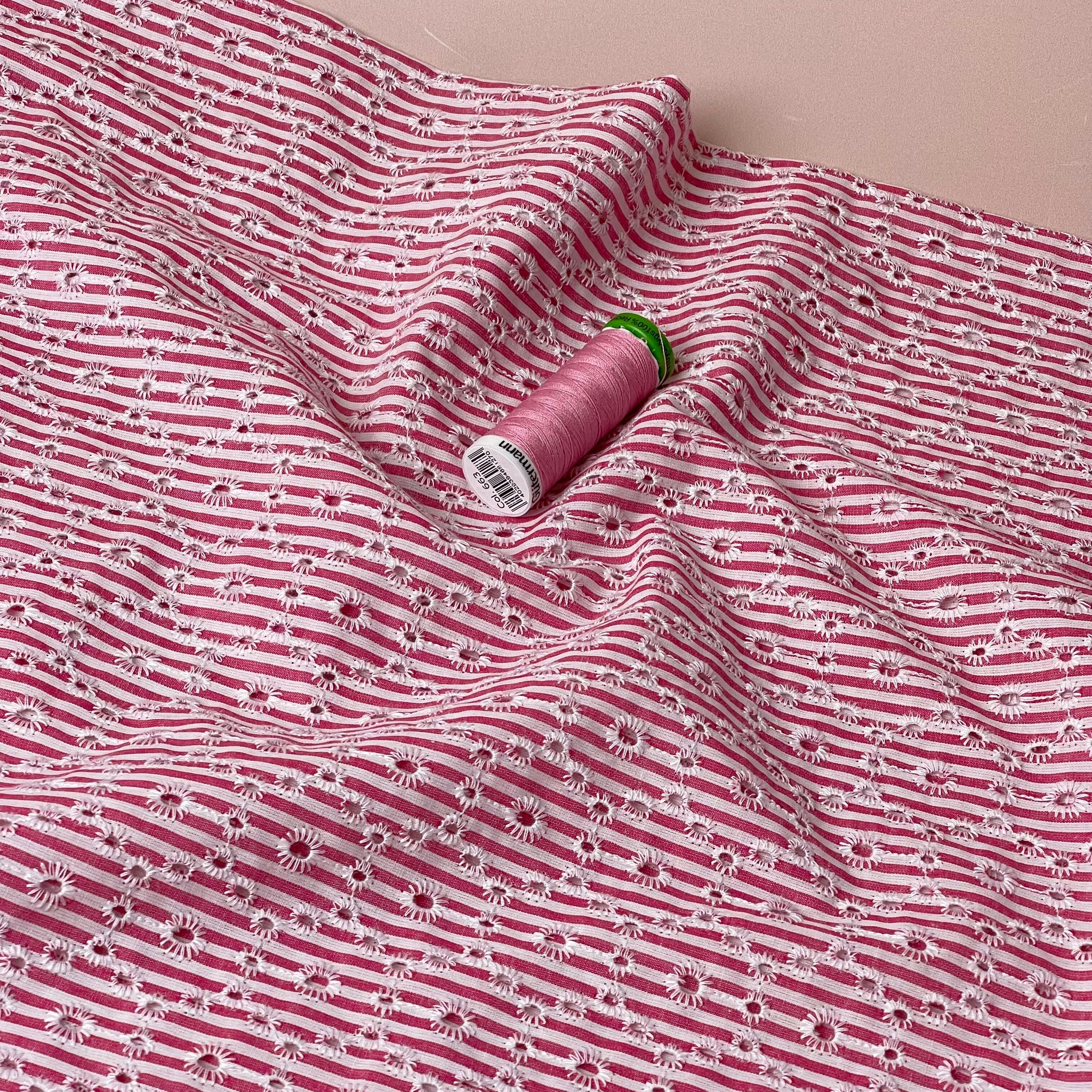 Candy Pink Striped Broderie Anglaise Cotton Fabric