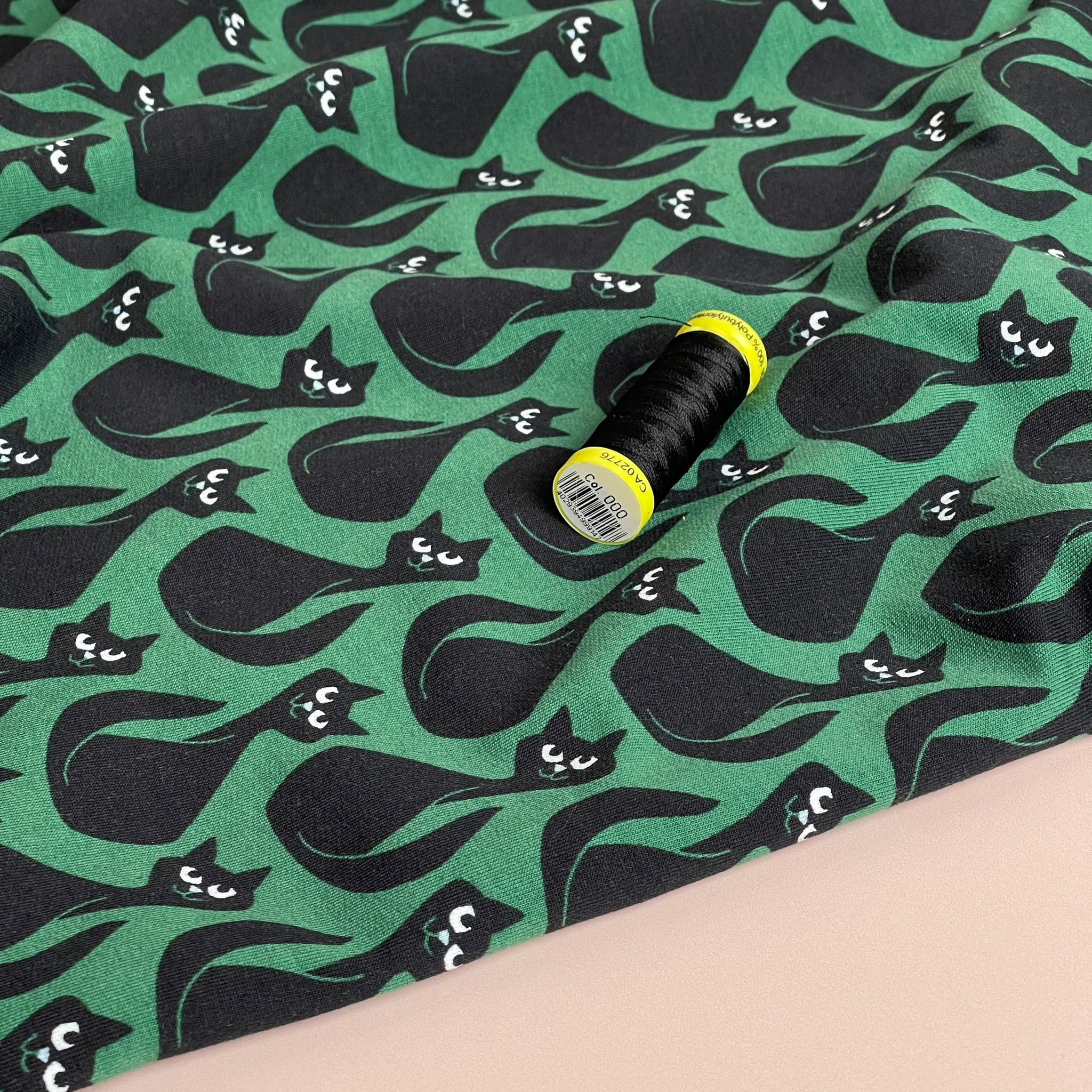 Black Cats on Emerald Cotton French Terry