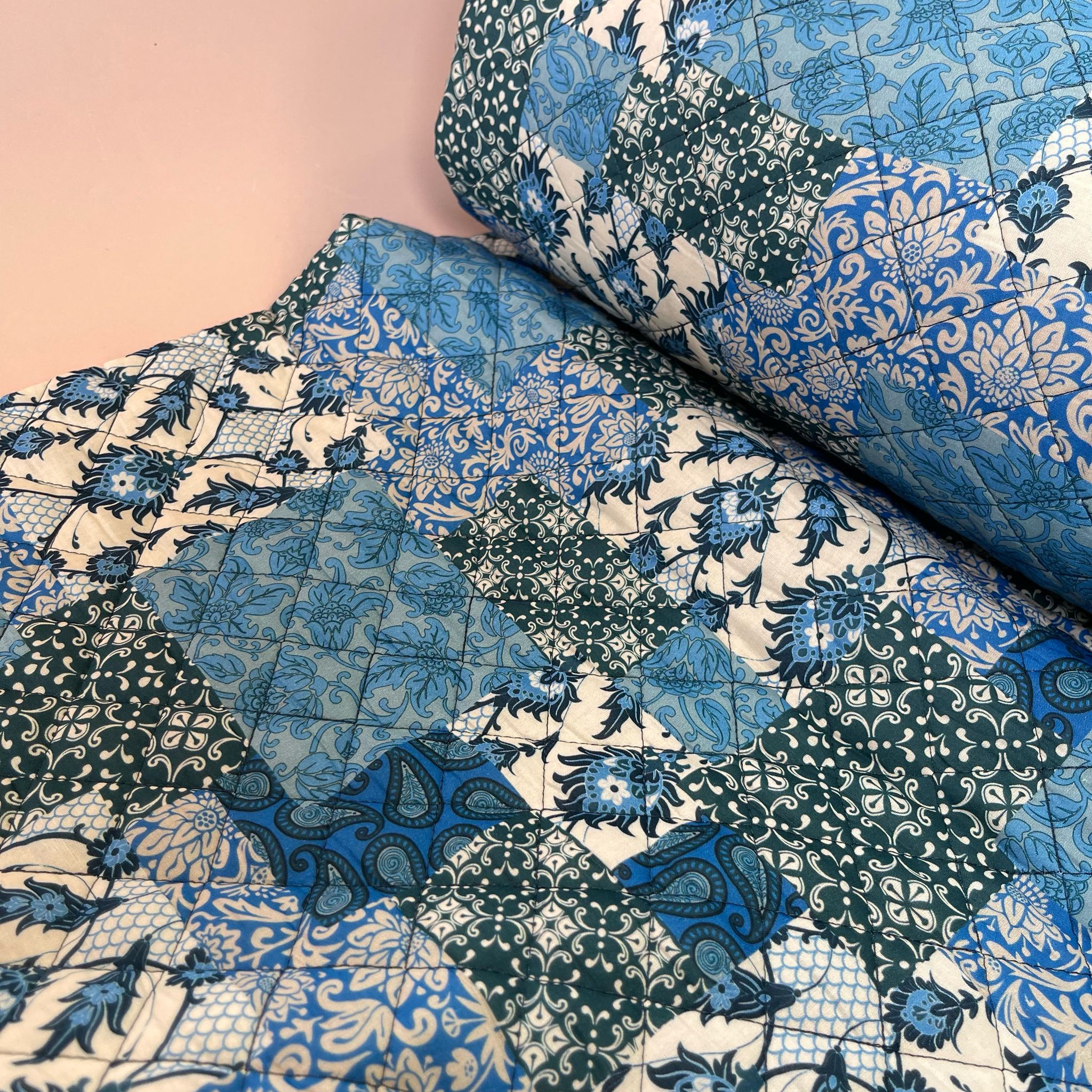 Blue Patchwork Paisley Quilted Cotton Fabric