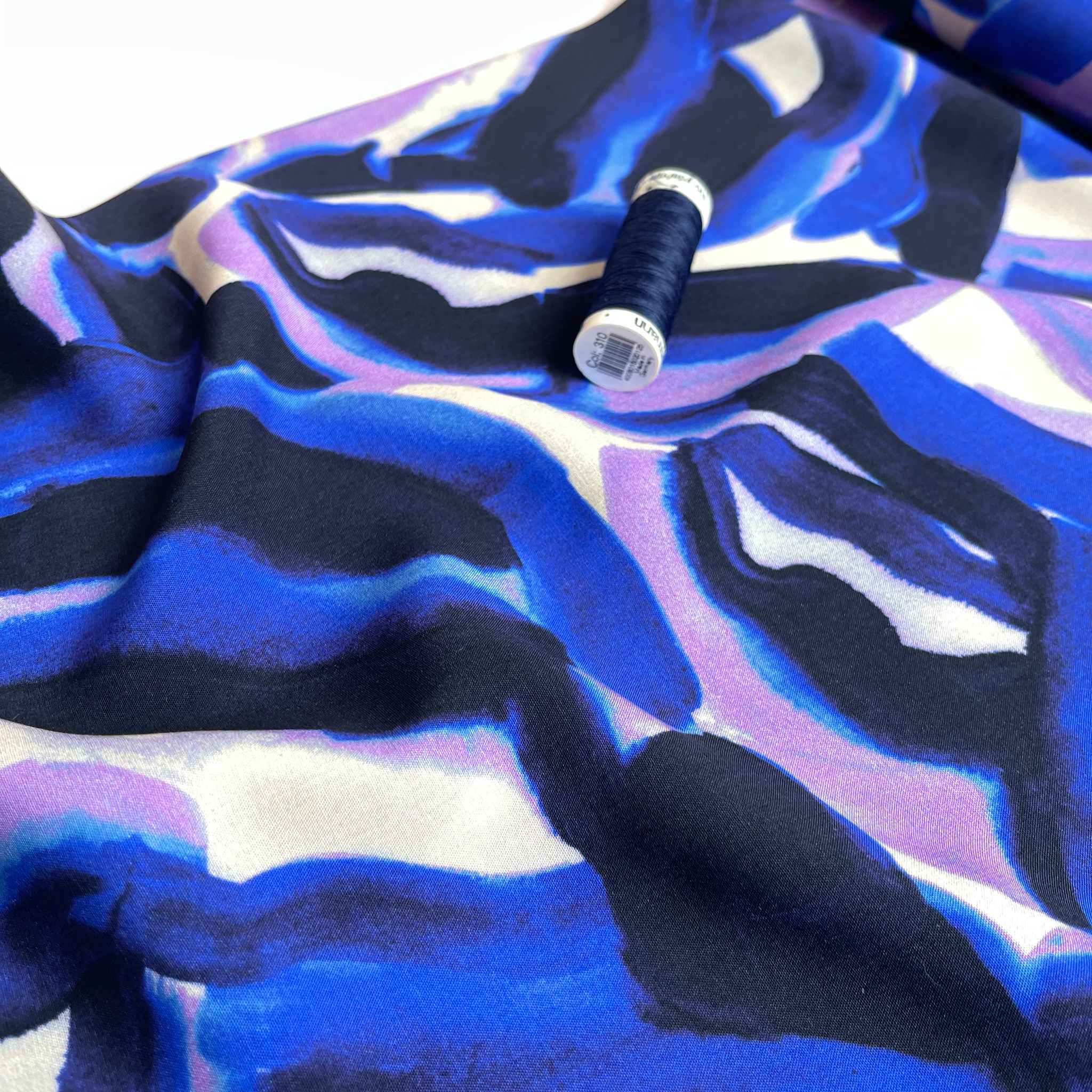 REMNANT 0.9 Metre (pulled stitch and area with dye missing ) Abstract Navy and Lilac Viscose Fabric
