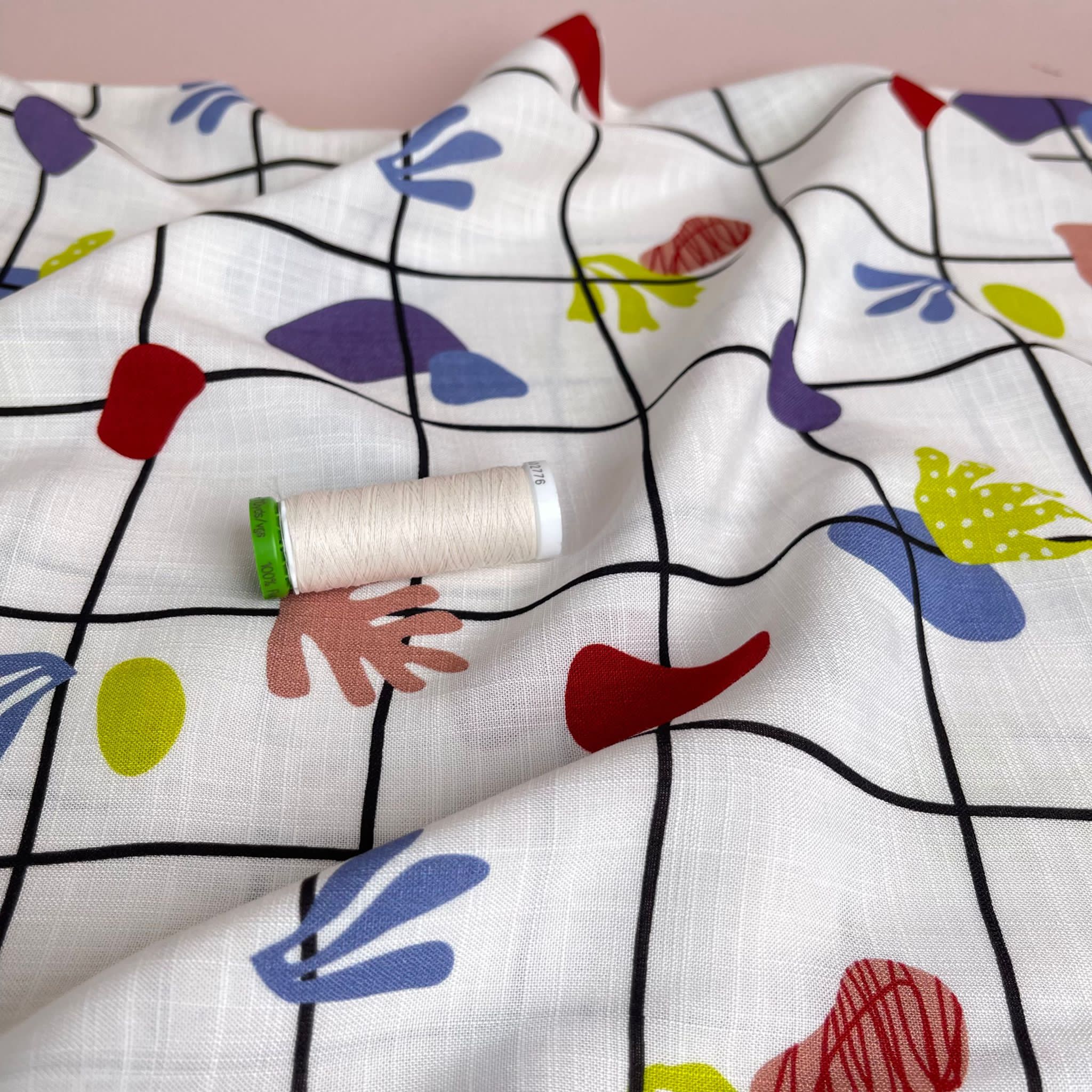 Tropical Grid White Linen Look Slub Rayon Fabric