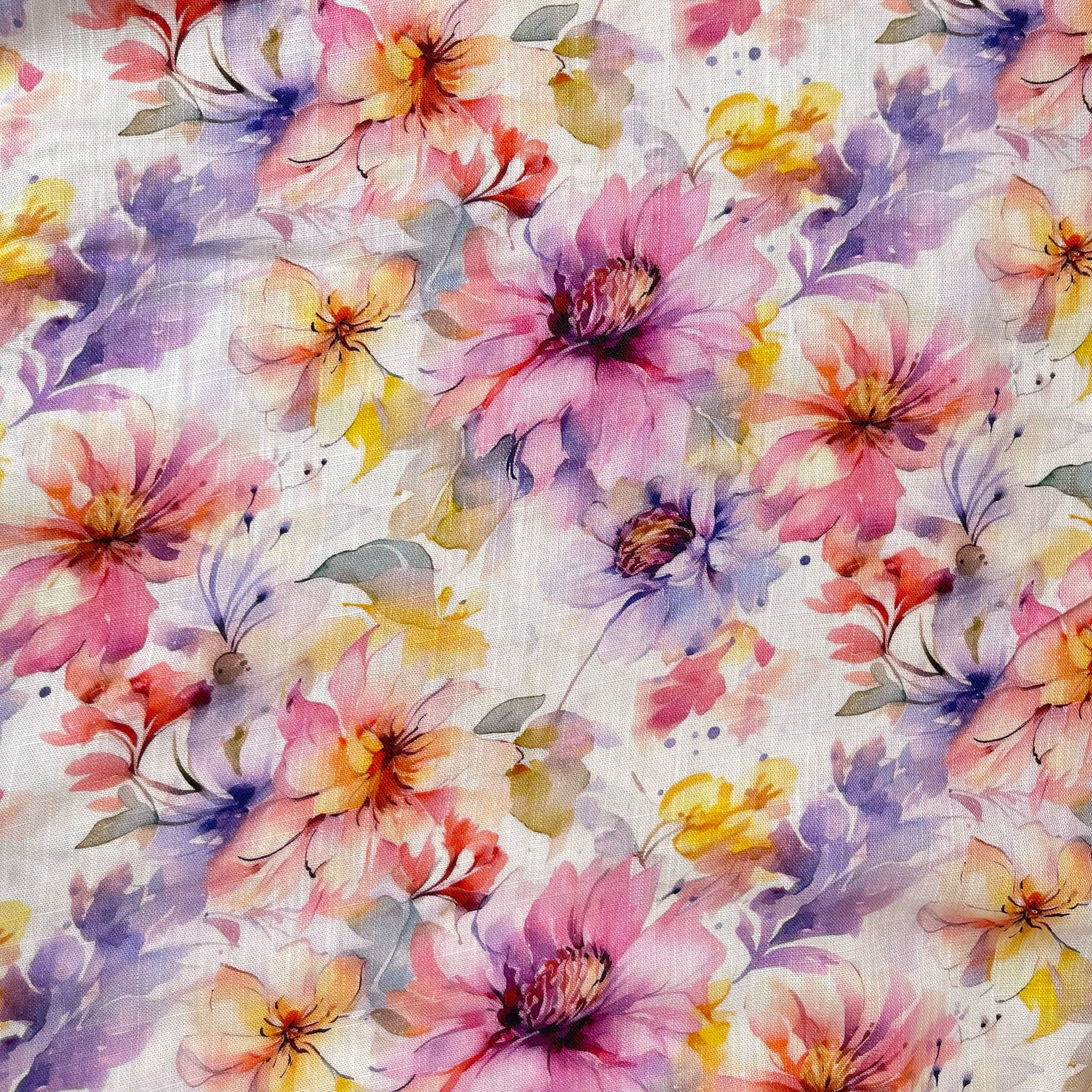 REMNANT 0.75 Metre - Watercolour Blooms Viscose Linen Fabric