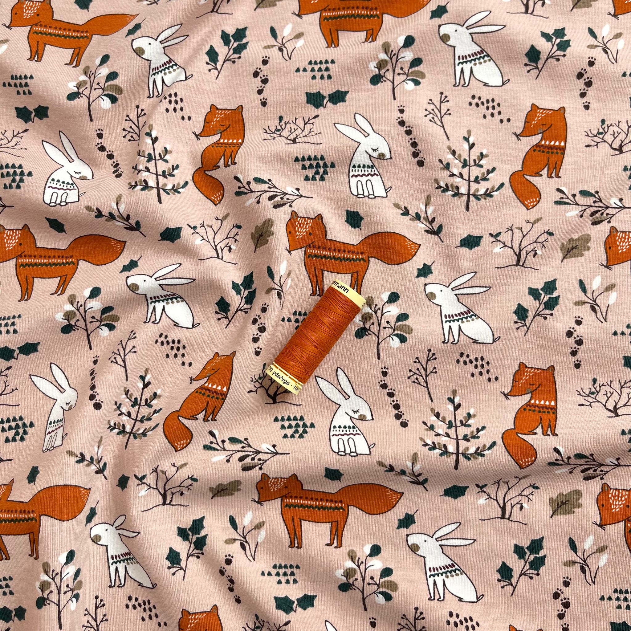 Foxes and Rabbits on Pink Cotton Jersey Fabric