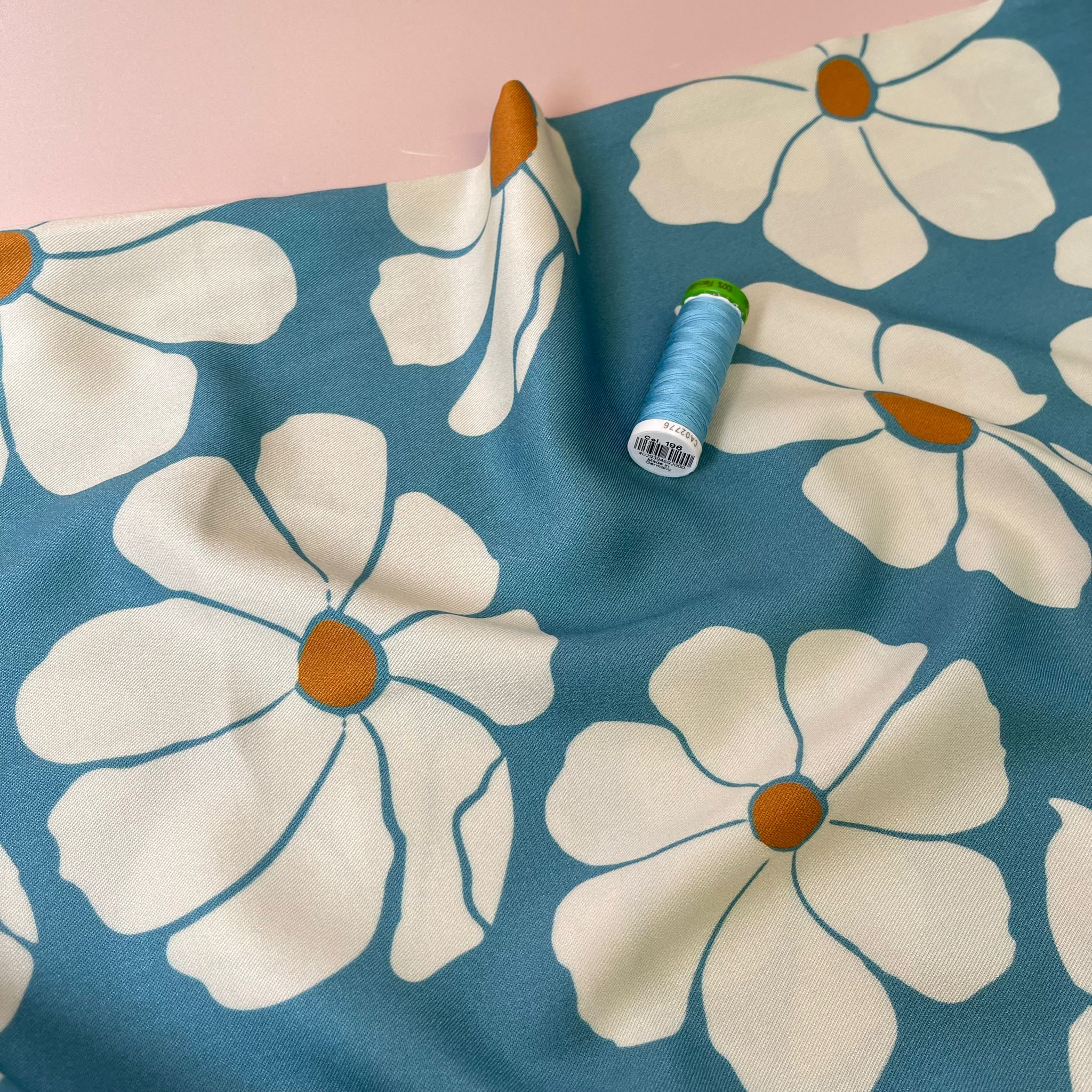 REMNANT 2.34 Metres - Light & Lush - Bold White Blooms on Blue Viscose Twill Fabric