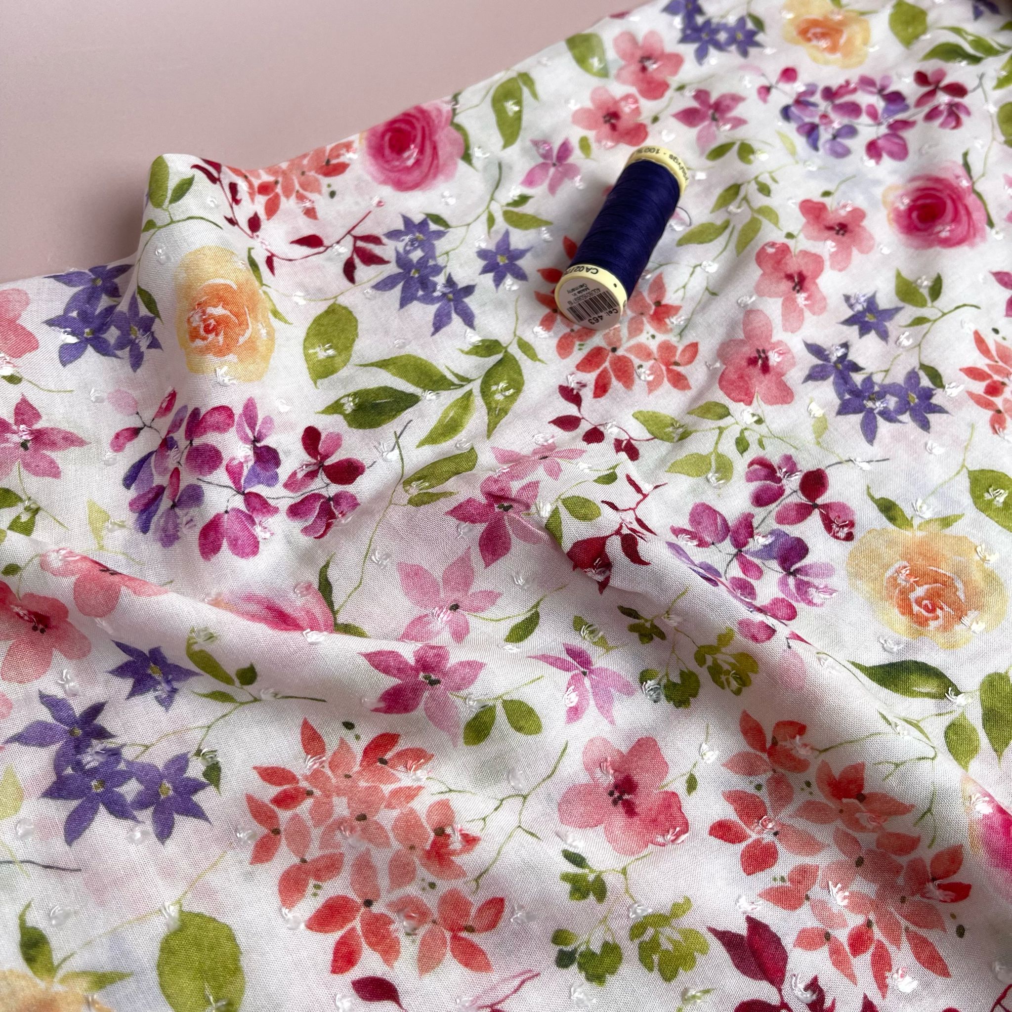 REMNANT 0.44 Metre - Watercolour Spring Blooms on Whtie Dobby Viscose Fabric