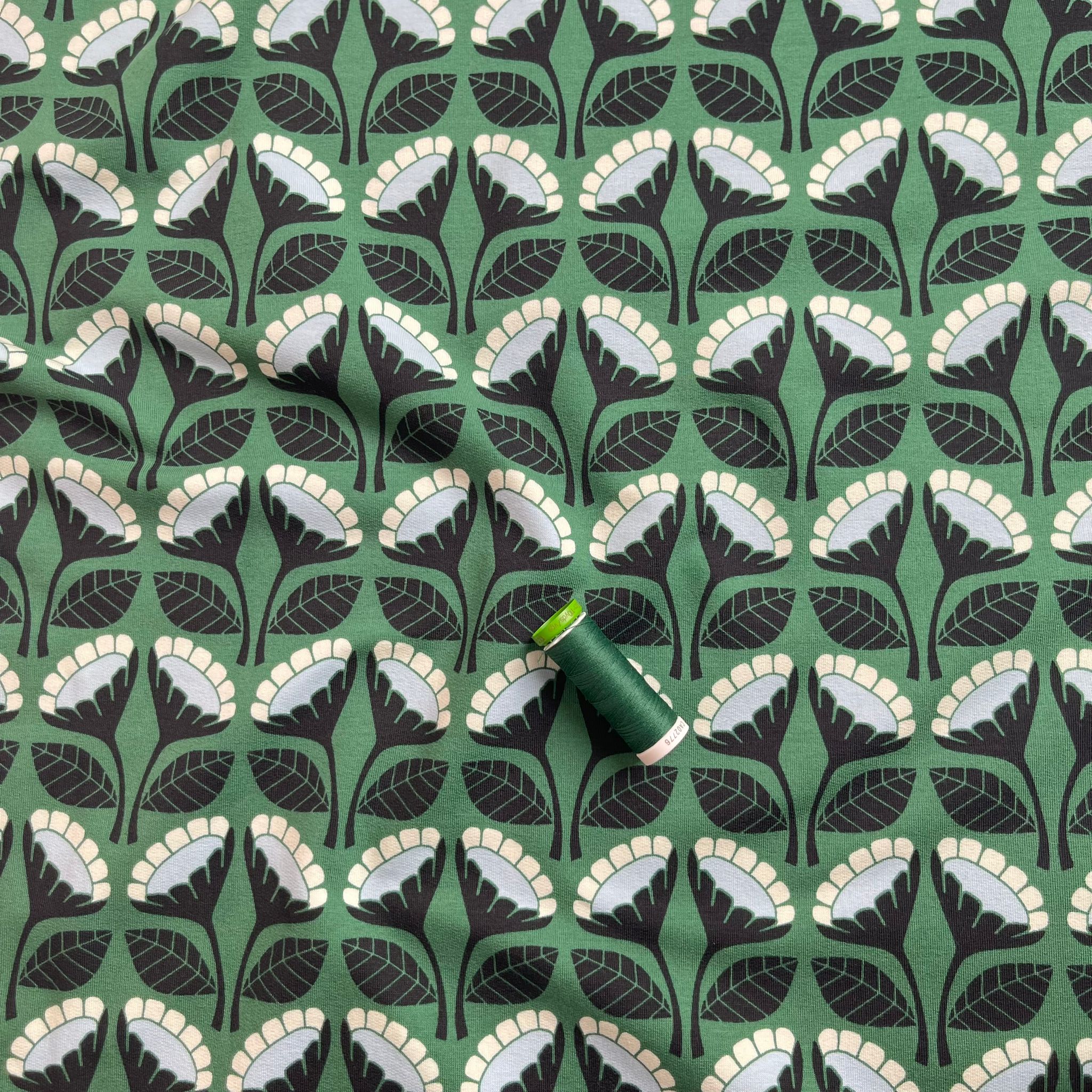 REMNANT 2.10 Metres - Monochrome Flowers on Emerald Green Cotton French Terry
