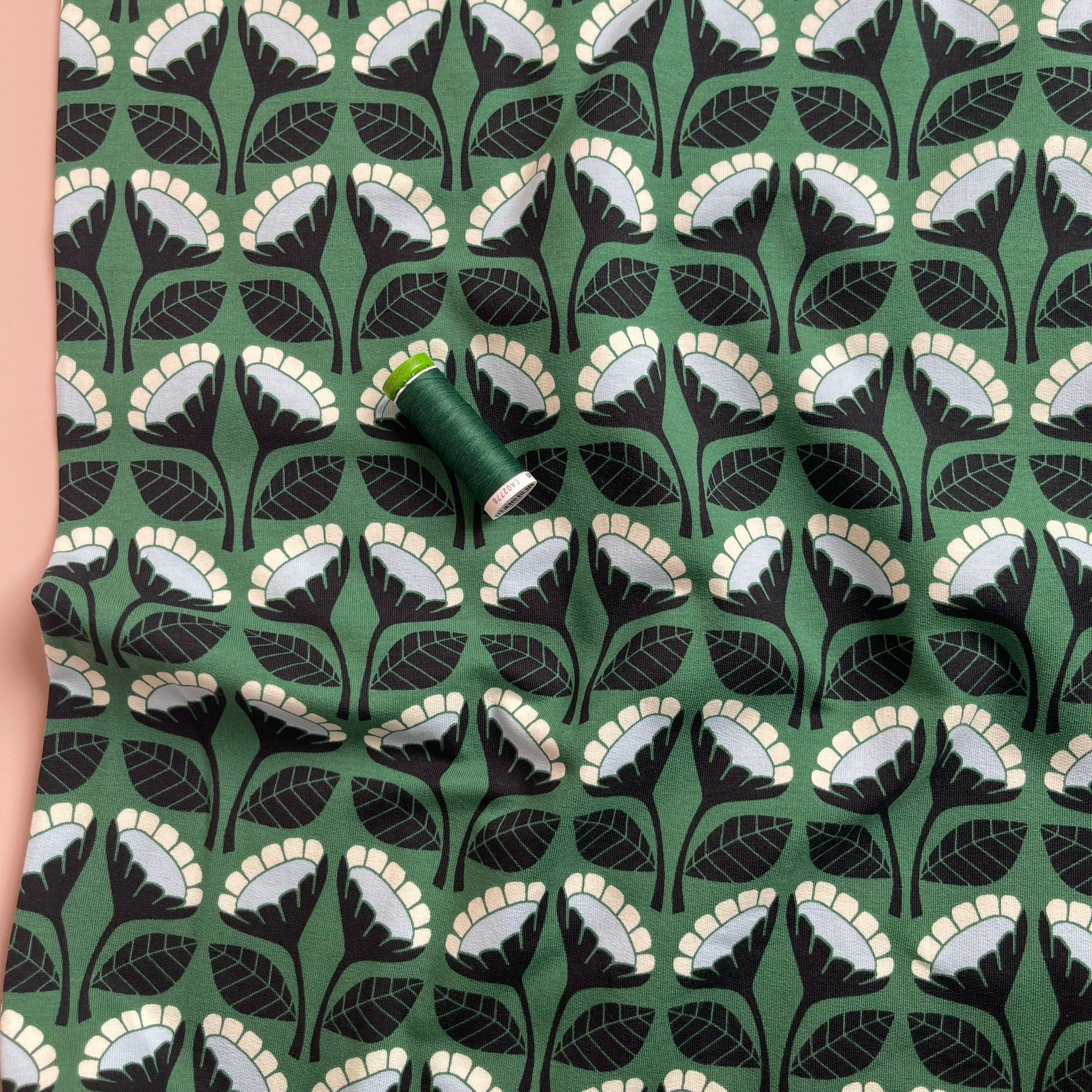REMNANT 2.10 Metres - Monochrome Flowers on Emerald Green Cotton French Terry