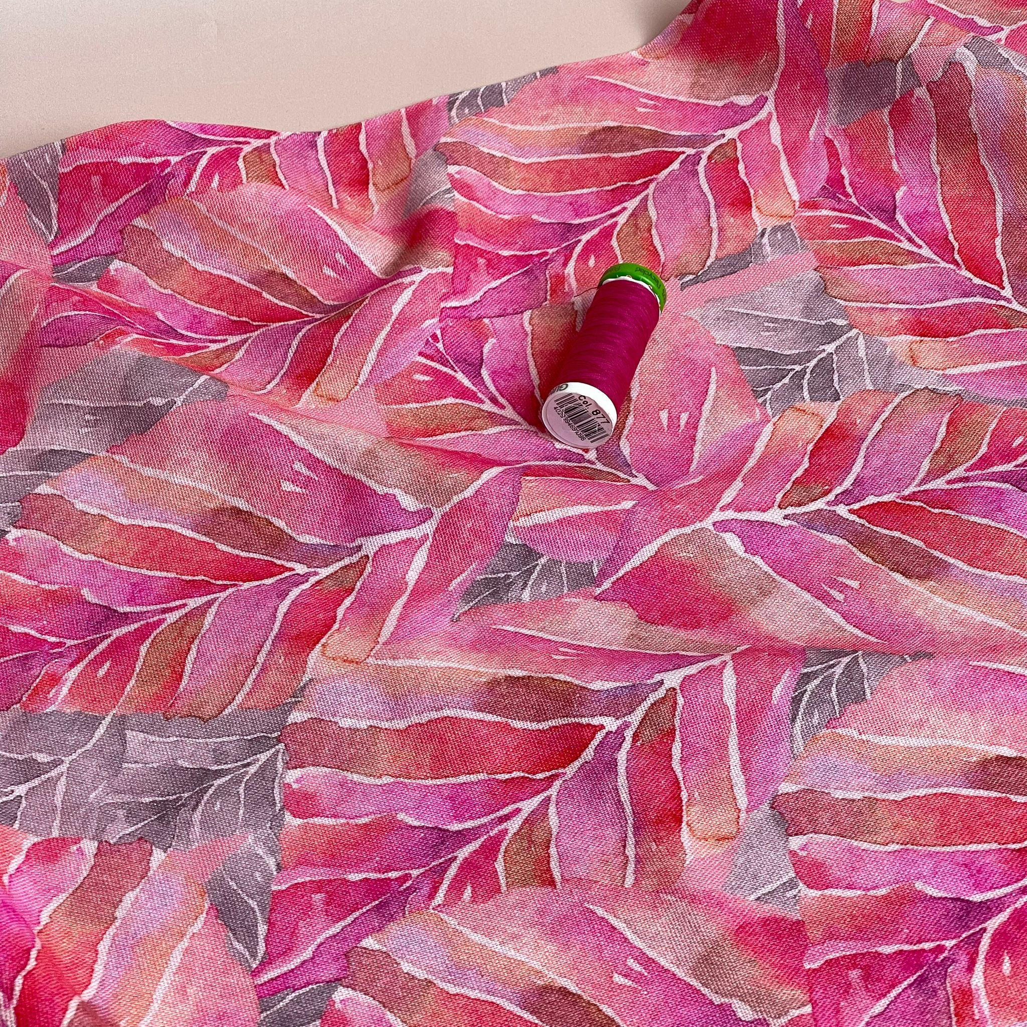 Fuchsia Leaves Viscose Linen Fabric