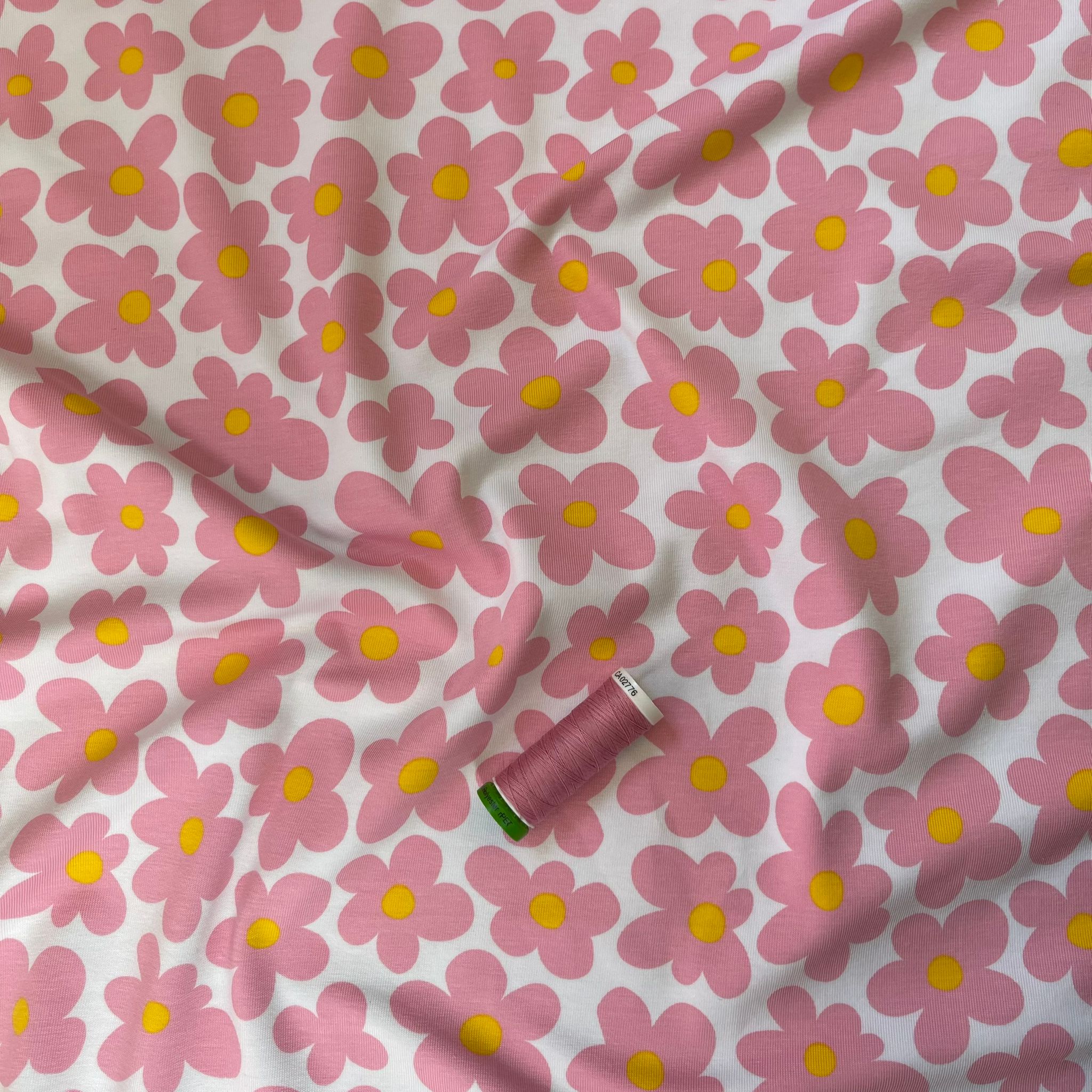 Pink Flowers on White Cotton Jersey Fabric