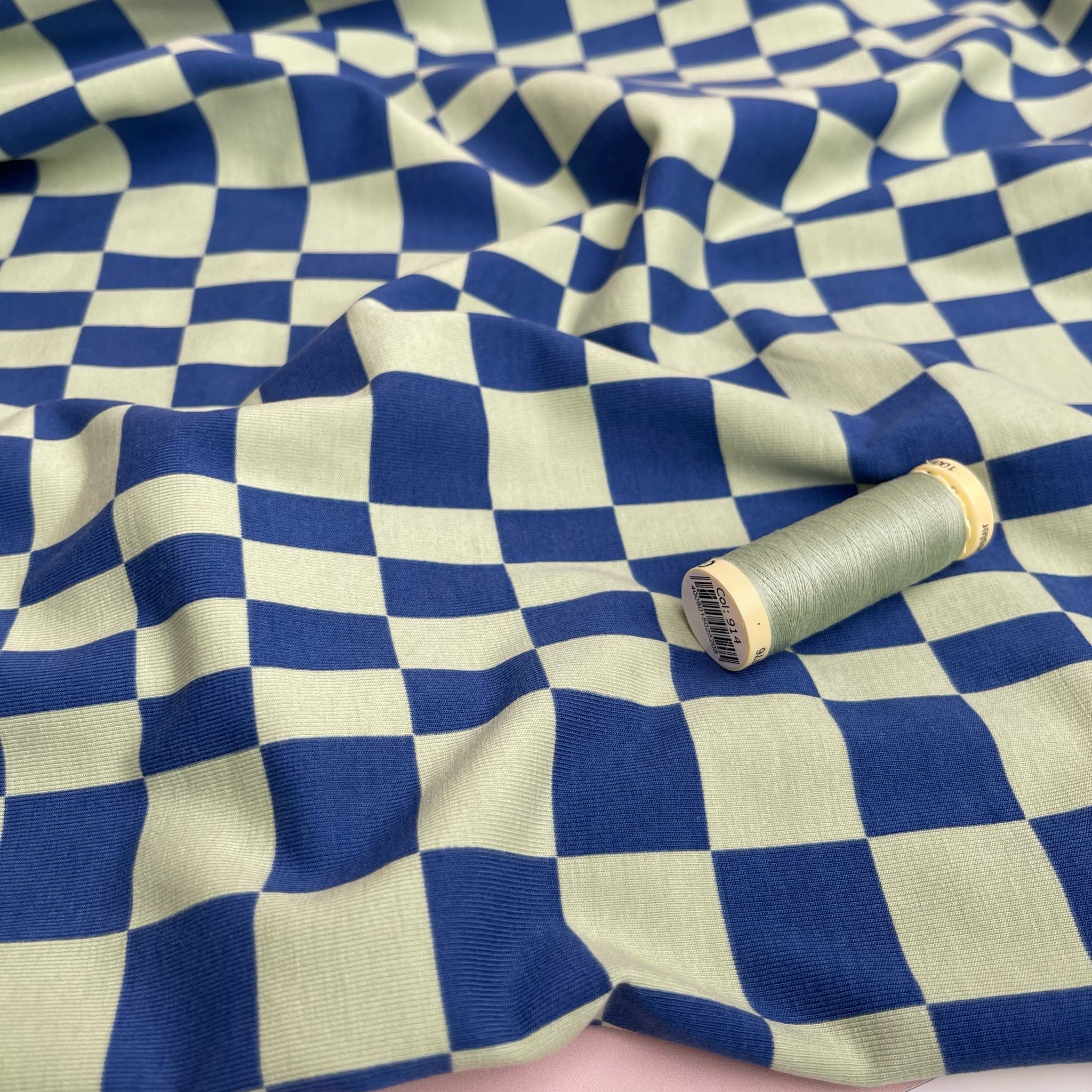 Checkers in Blue and Lime Green Cotton Jersey Fabric
