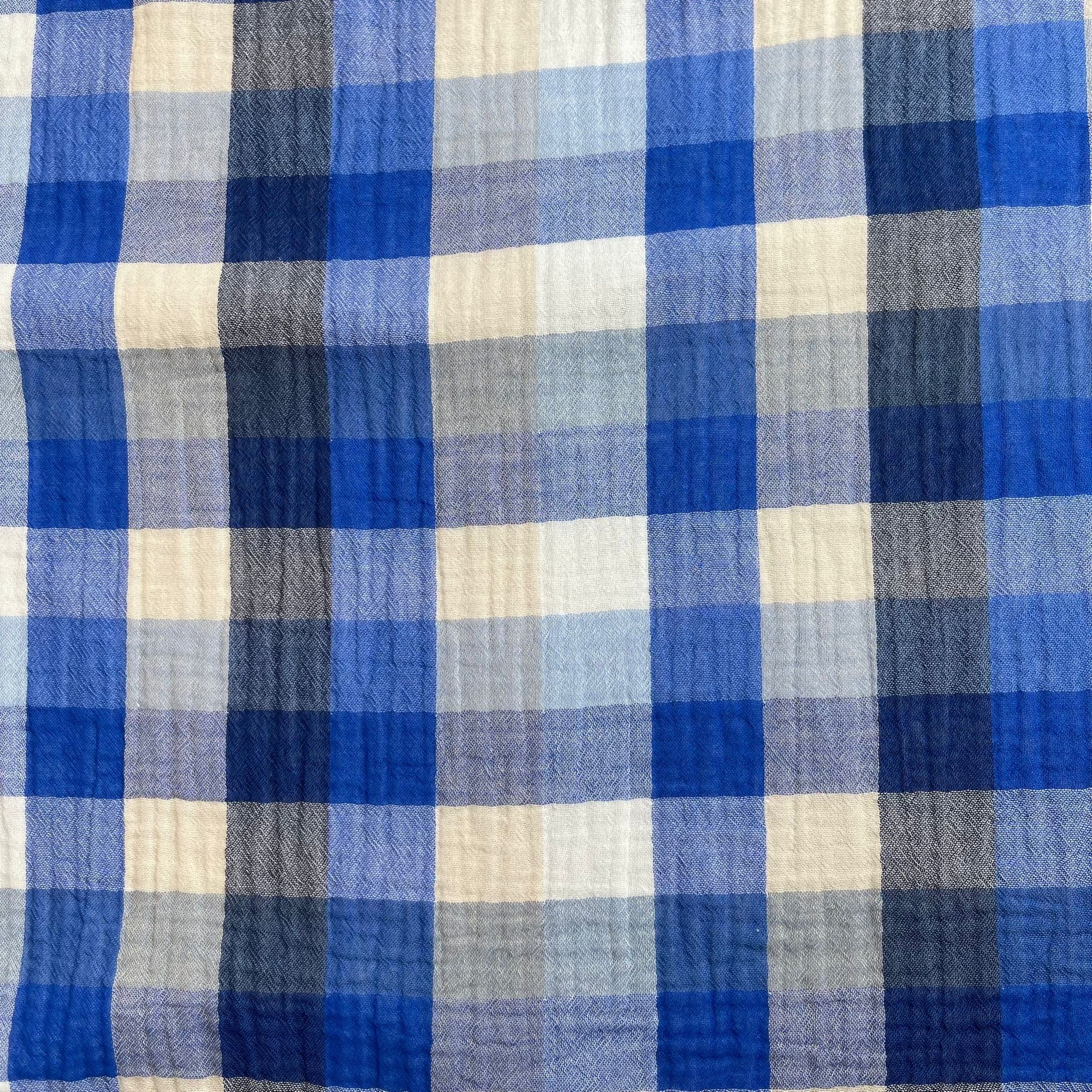 REMNANT 2.18 Metres - Checked Cobalt Cotton Double Gauze