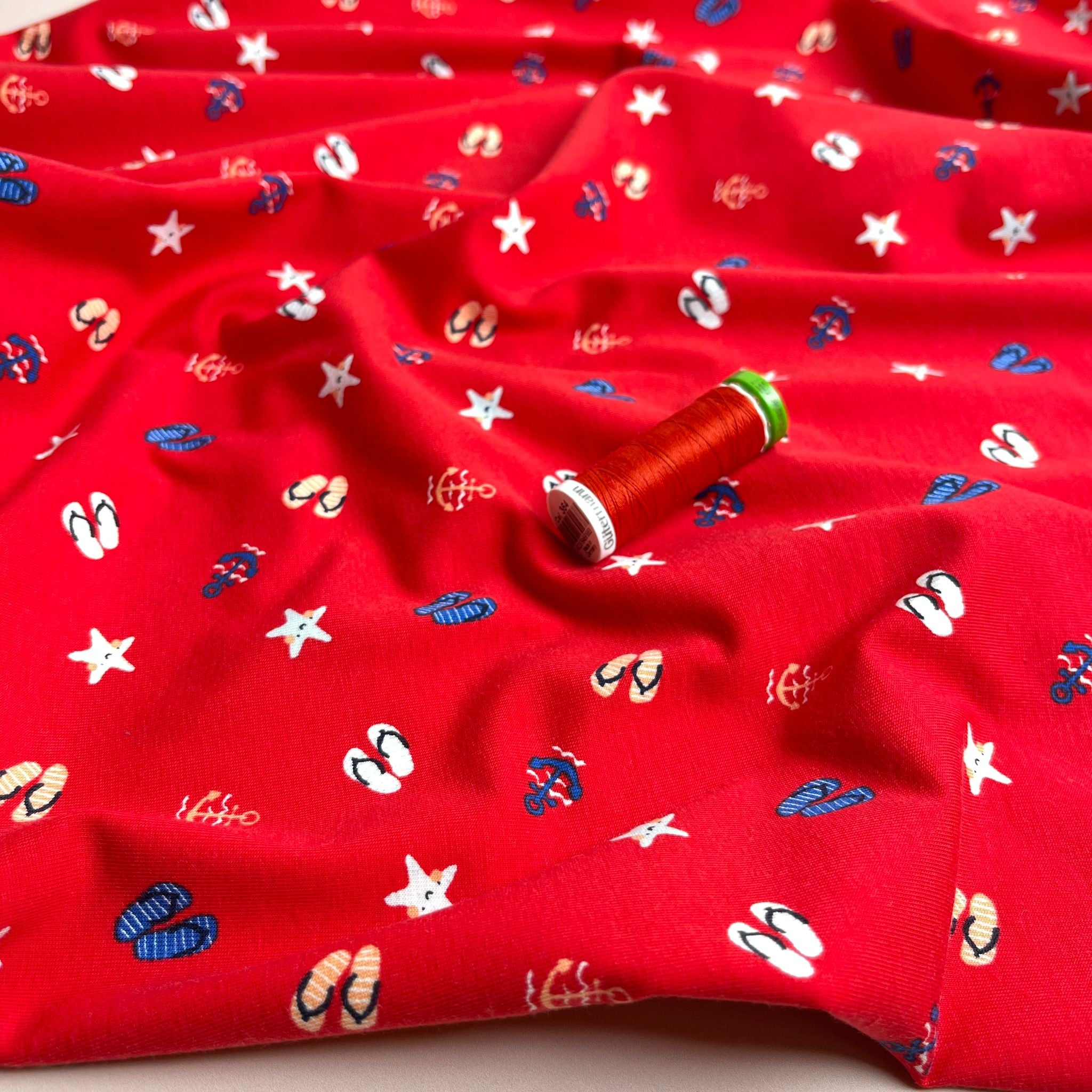 REMNANT 1.75 Metres - At The Beach Red Cotton Jersey Fabric