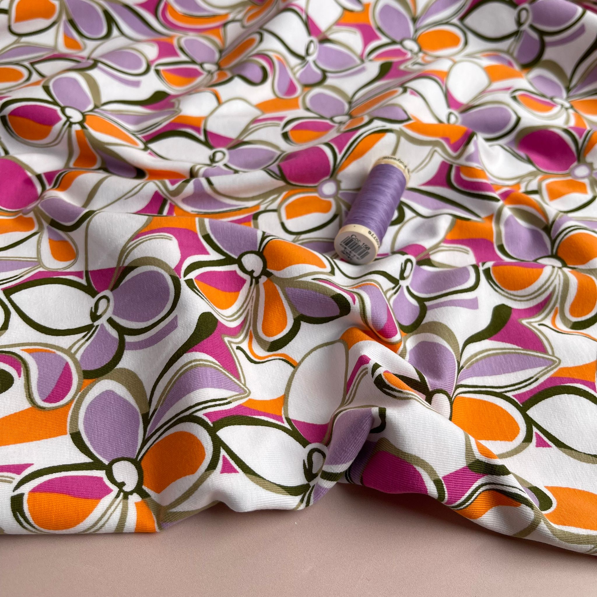 REMNANT 0.88 Metre - Petals in Lilac and Orange Cotton Jersey Fabric