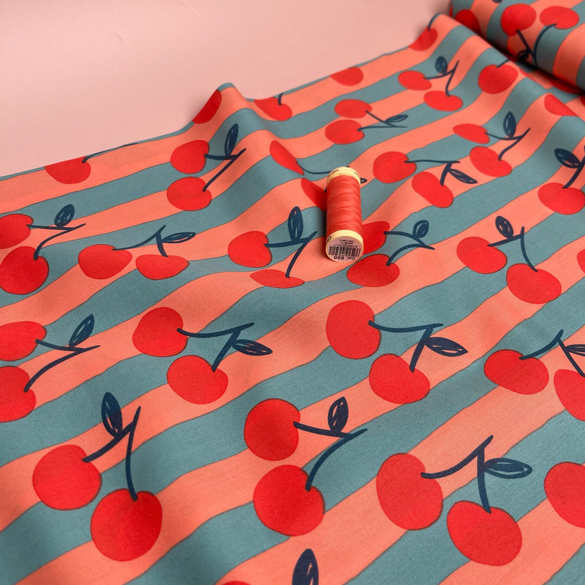 Funky Cherry Stripes on Turquoise Cotton Poplin Fabric