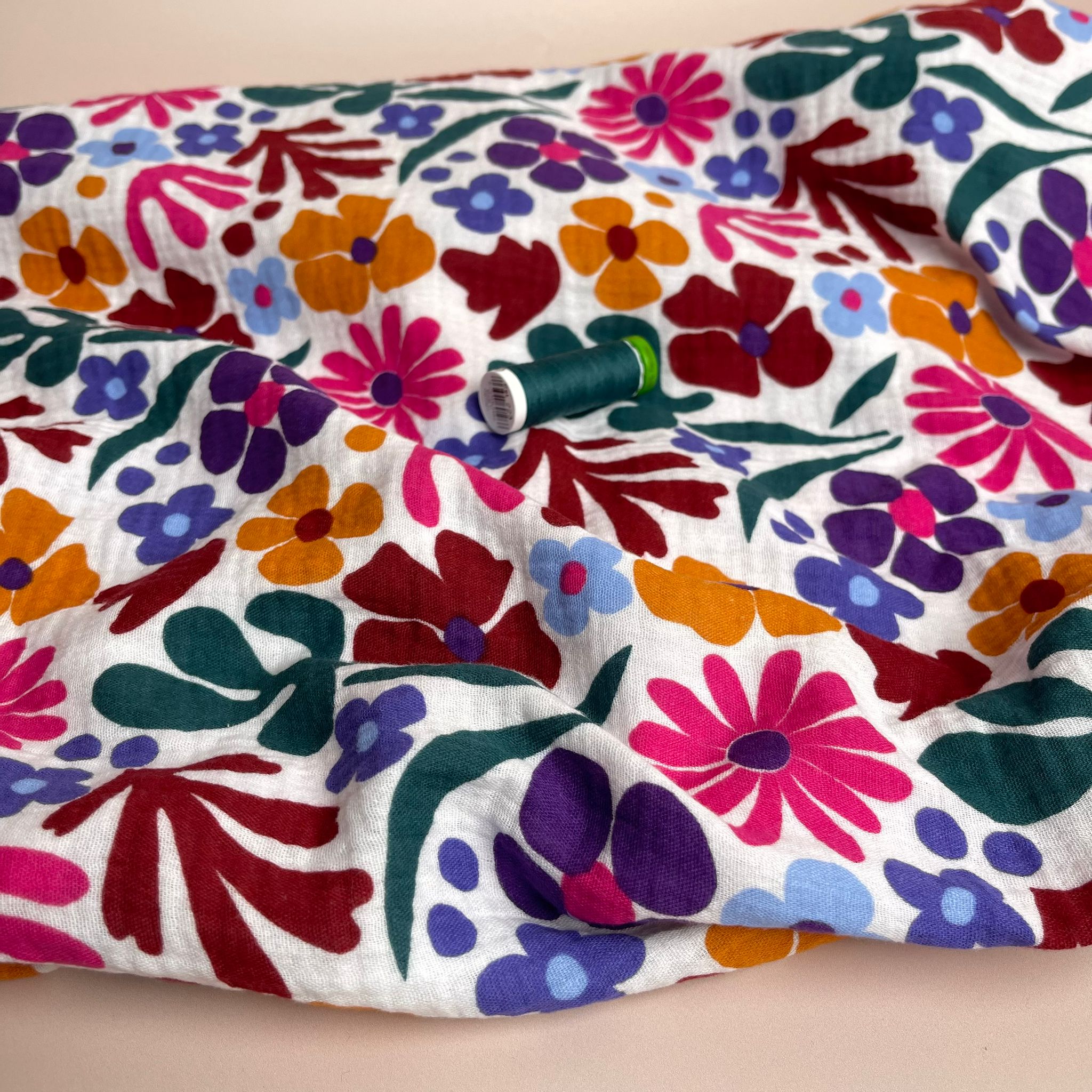 Joyful Flowers on White Cotton Double Gauze