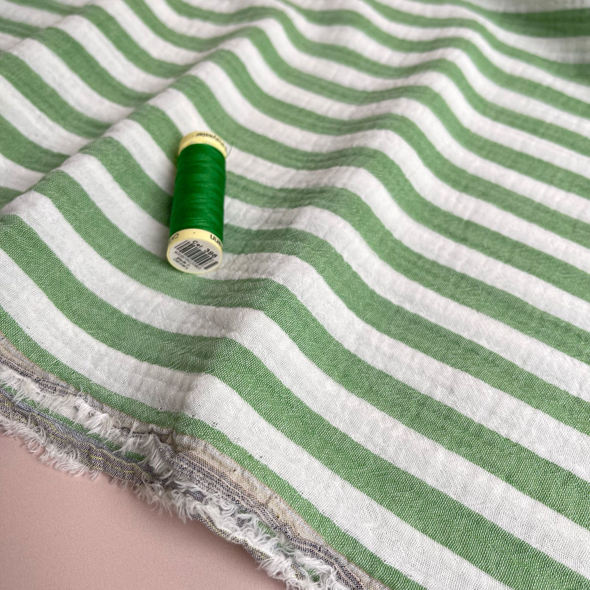 REMNANT 0.77 Metre - Yarn Dyed Stripe Cotton Double Gauze in Grass Green