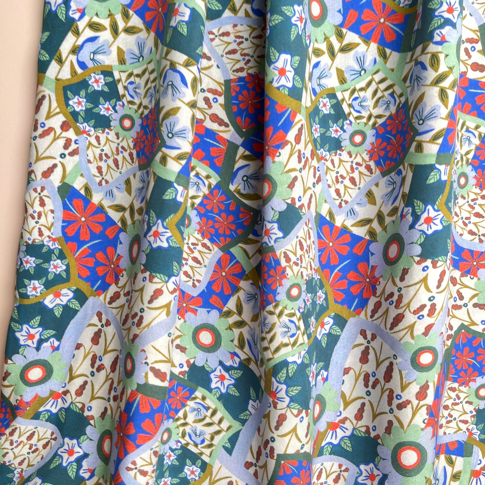 Floral Patchwork Print in Blue and Red Viscose Fabric
