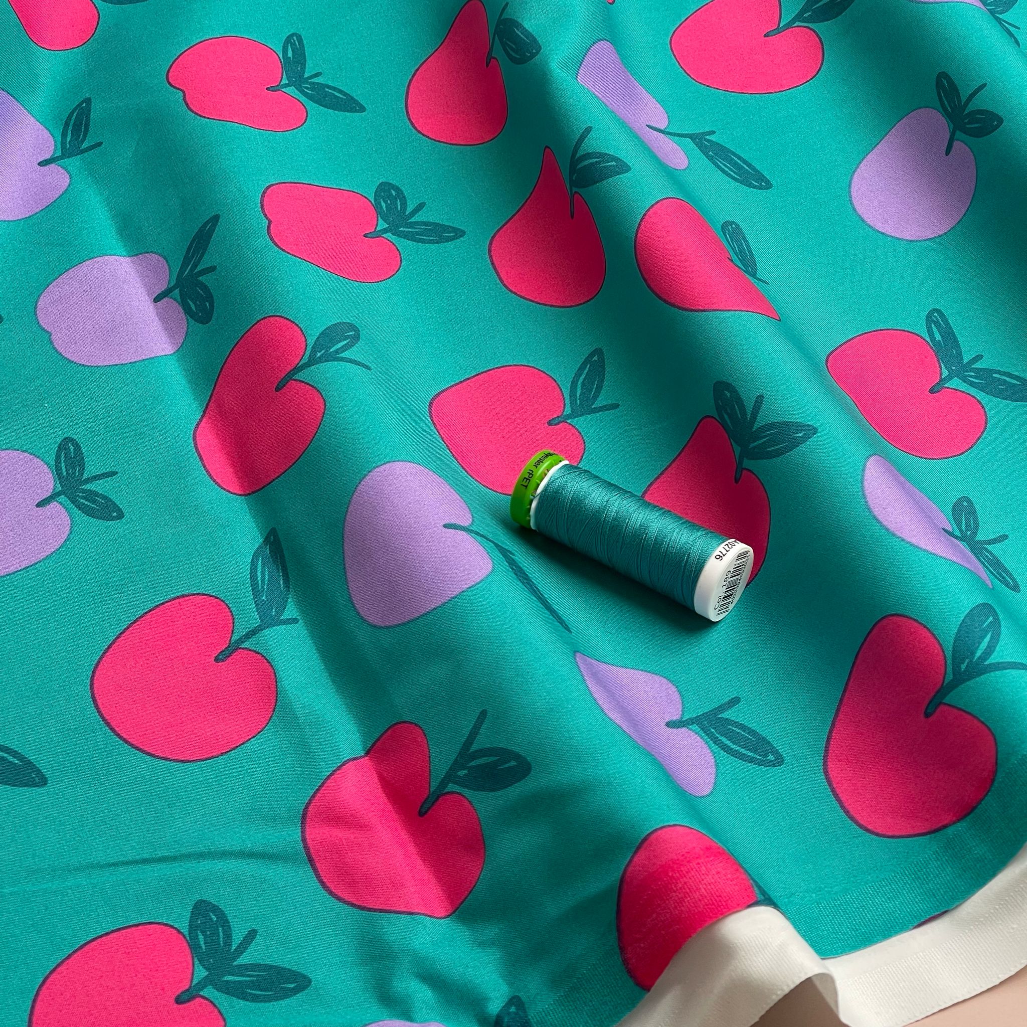 Funky Apples on Teal Cotton Poplin Fabric