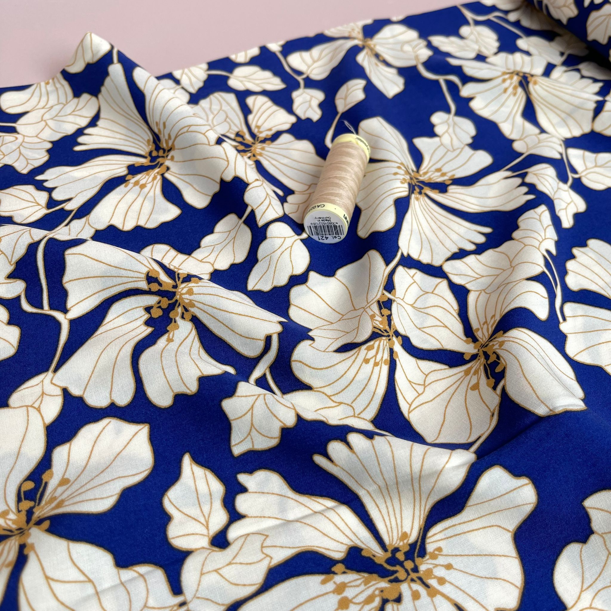 Golden Blooms on Cobalt Blue Viscose Fabric